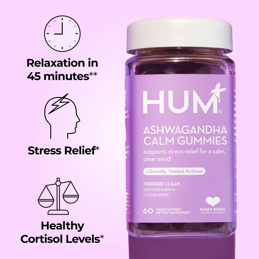 HUM Calm Ashwagandha Gummies for Women and Men, L-Theanine Ashwagandha Supplements for Daily Relaxation & Clarity Support, Vegan Fast Acting Gummy Formula, Mixed Berry Flavor, 60 Gummies - TrustMedUSA