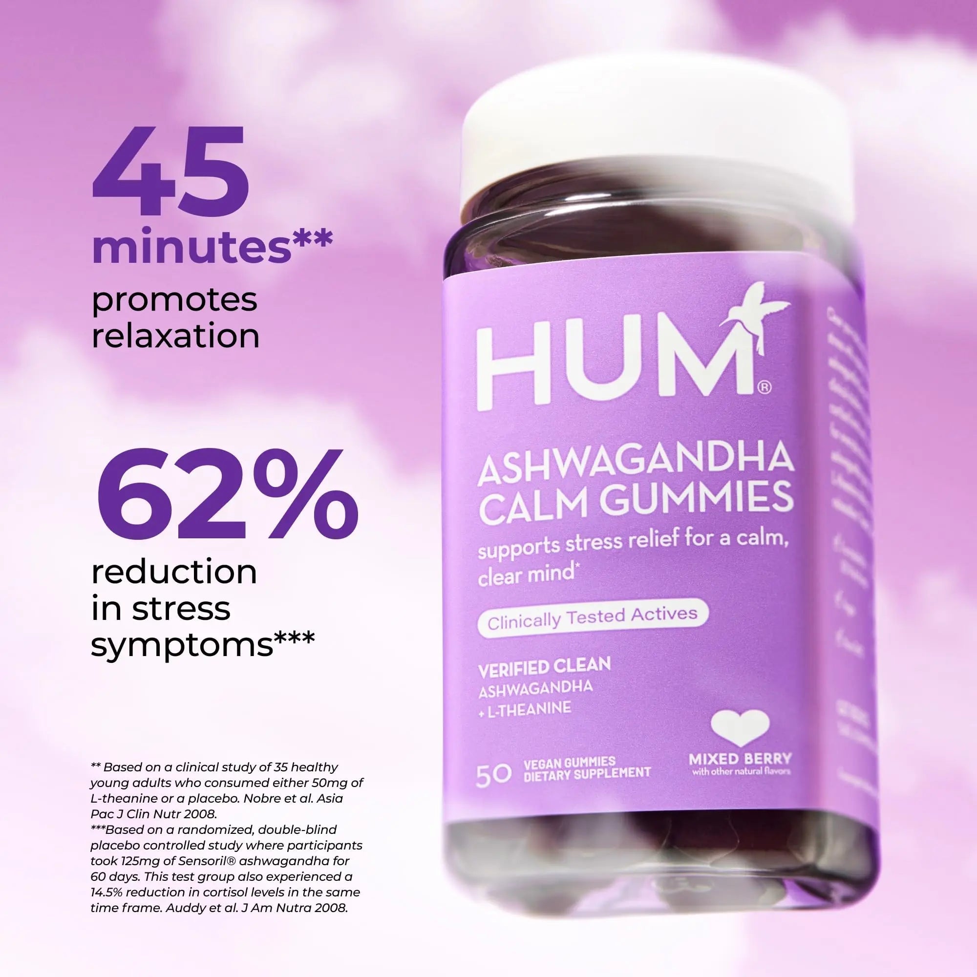 HUM Calm Ashwagandha Gummies for Women and Men, L-Theanine Ashwagandha Supplements for Daily Relaxation & Clarity Support, Vegan Fast Acting Gummy Formula, Mixed Berry Flavor, 60 Gummies - TrustMedUSA