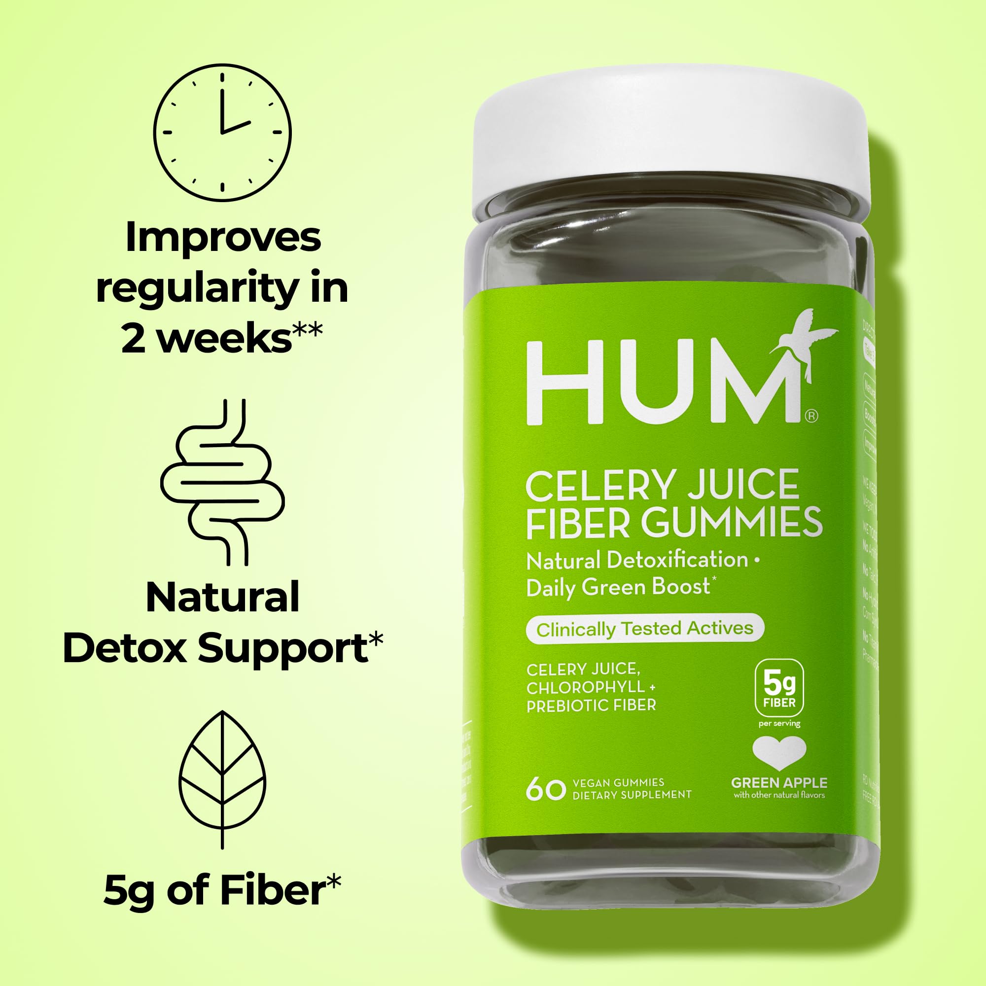HUM Celery Juice Fiber Gummies for Adults, First Prebiotic Celery Juice Gummy, Gluten Free Fiber Supplement Supports Detoxification, Gut Health, Greens Gummies, Chlorophyll & Prebiotic Fiber, 60 Count - TrustMedUSA