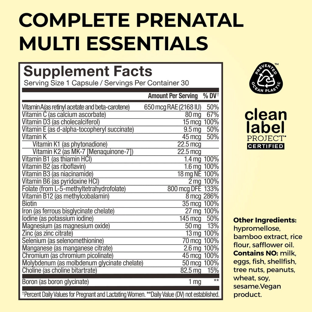 HUM Complete Prenatal Multivitamin for Women with Folate, DHA, and Choline, 23 Nutrients for Daily Support, Gluten Free, Non GMO Supplement for Pre, During, and Post Pregnancy, 30 Vegan Capsules - TrustMedUSA