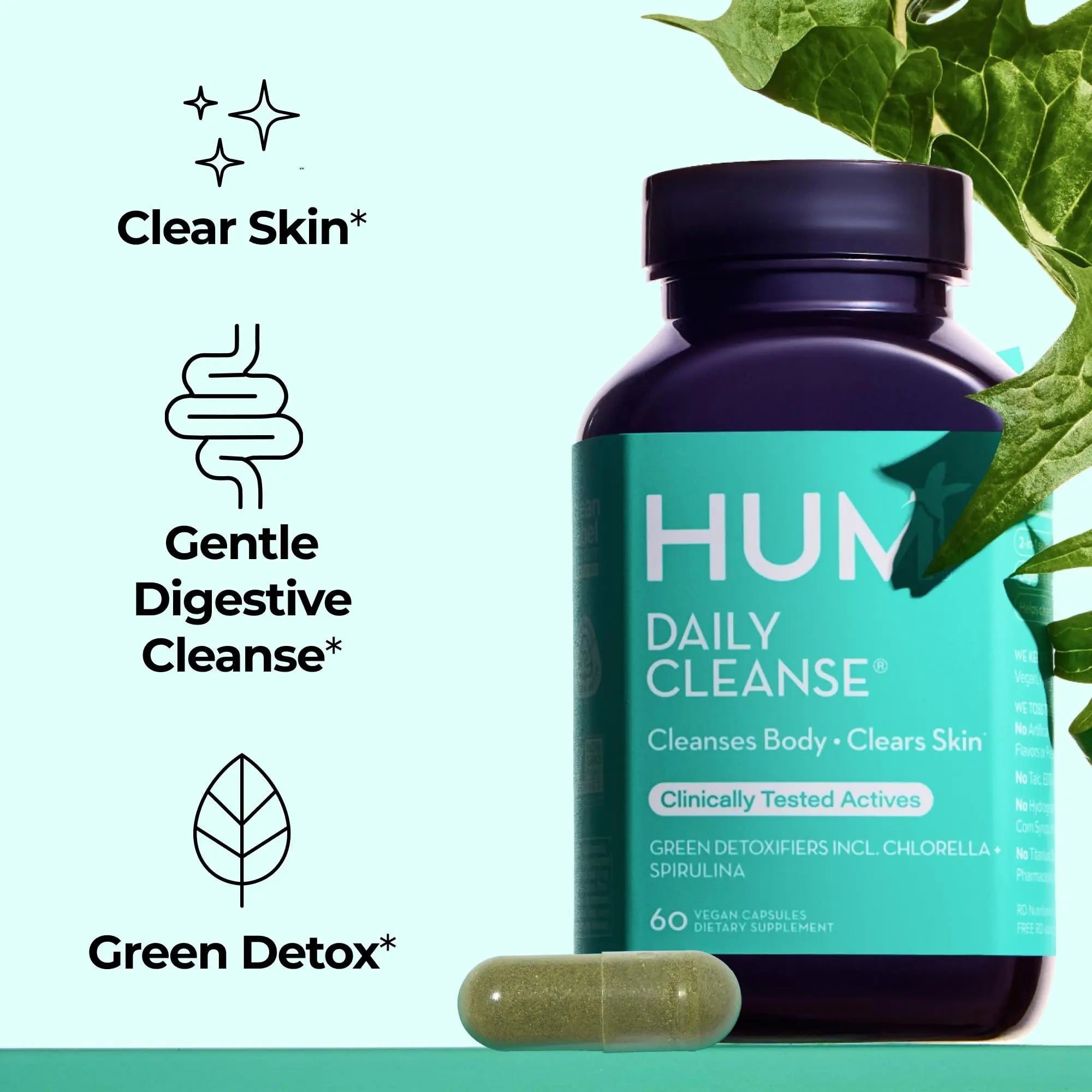 HUM Daily Cleanse Acne Supplements for Women & Men, Gentle Digestive Cleanse for Clear Skin Support, Zinc, Spirulina, Chlorella, Detoxifying Herbs, Organic Algae, Skin Vitamins Supplement, 60 Capsules - TrustMedUSA