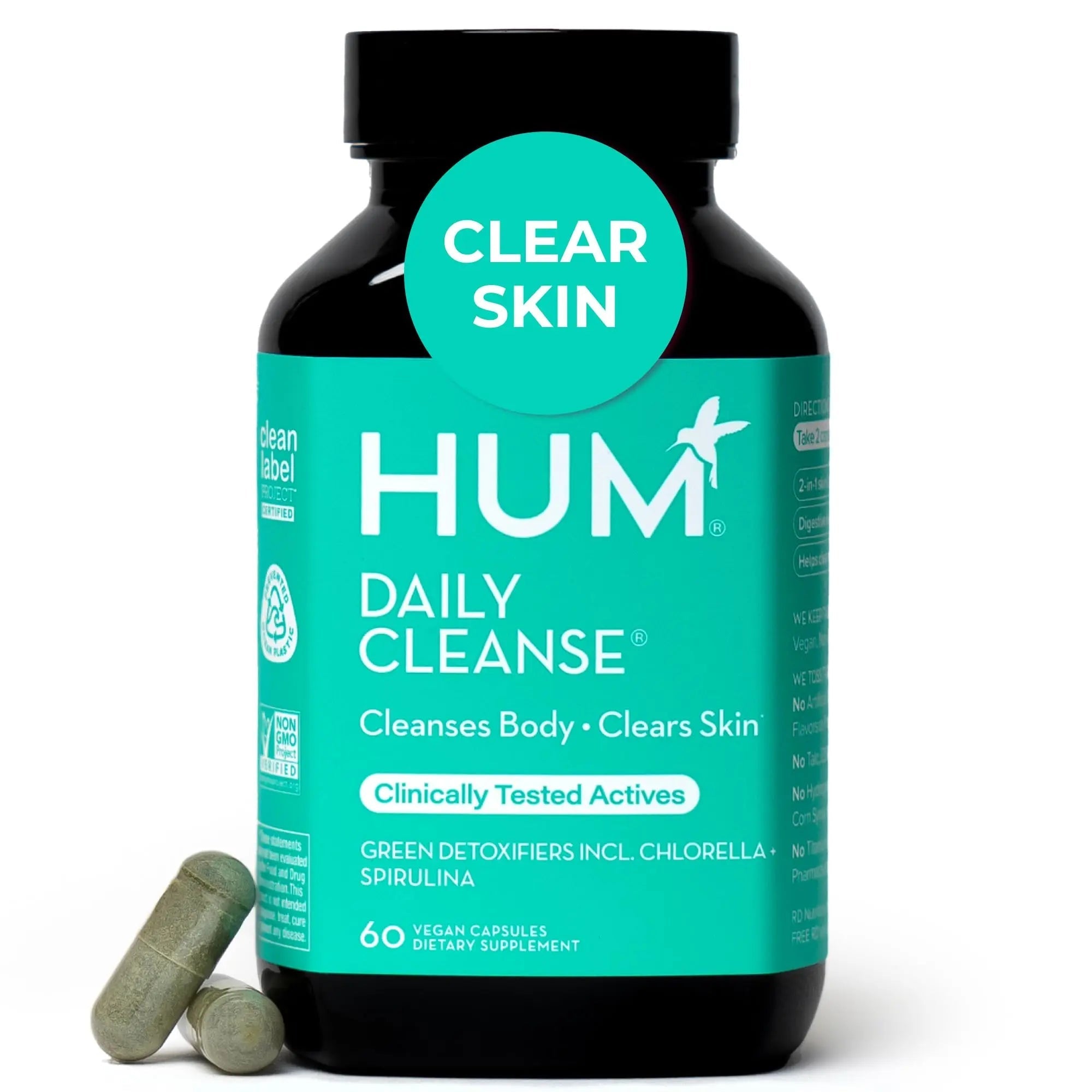 HUM Daily Cleanse Acne Supplements for Women & Men, Gentle Digestive Cleanse for Clear Skin Support, Zinc, Spirulina, Chlorella, Detoxifying Herbs, Organic Algae, Skin Vitamins Supplement, 60 Capsules - TrustMedUSA