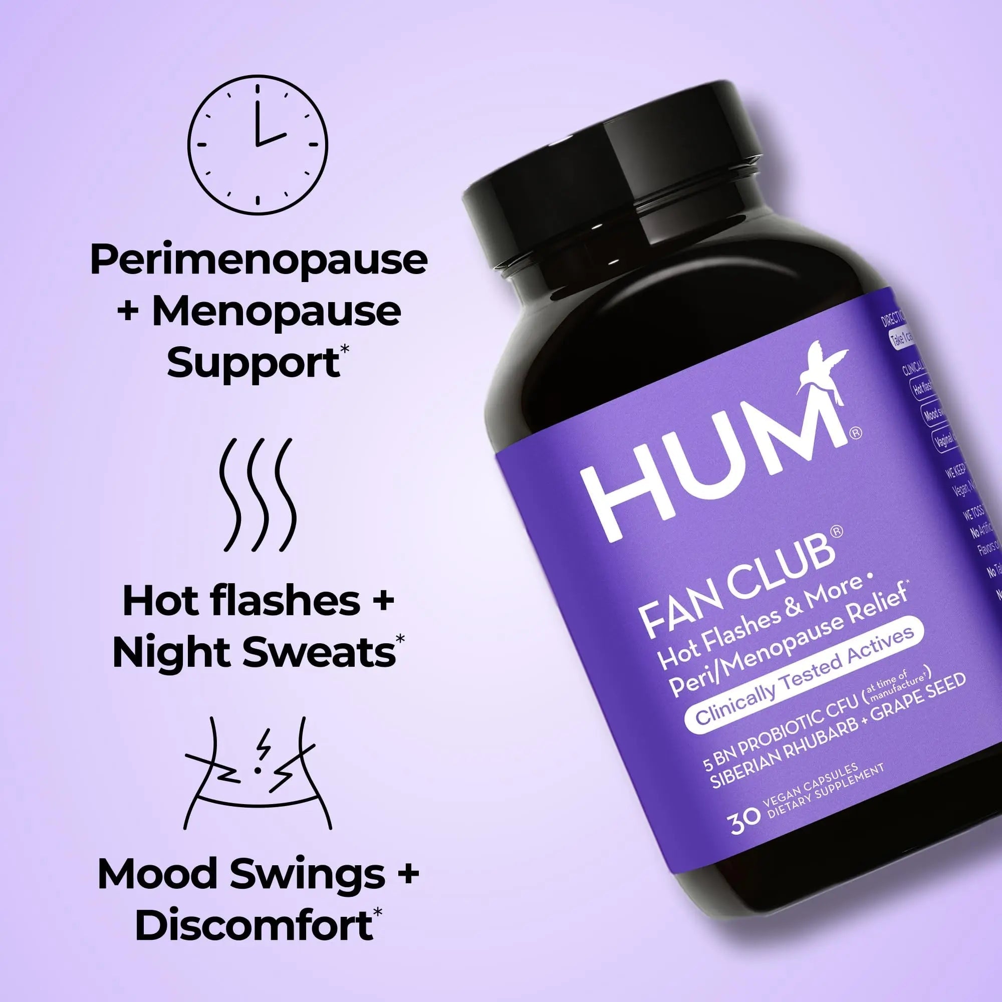 HUM Fan Club Menopause Probiotic Supplement, Estrogen Free Menopause Supplements for Women, Non Hormonal, Supports Energy & Hot Flashes, Grape Seed Extract & Siberian Rhubarb, 30 Vegan Capsules - TrustMedUSA