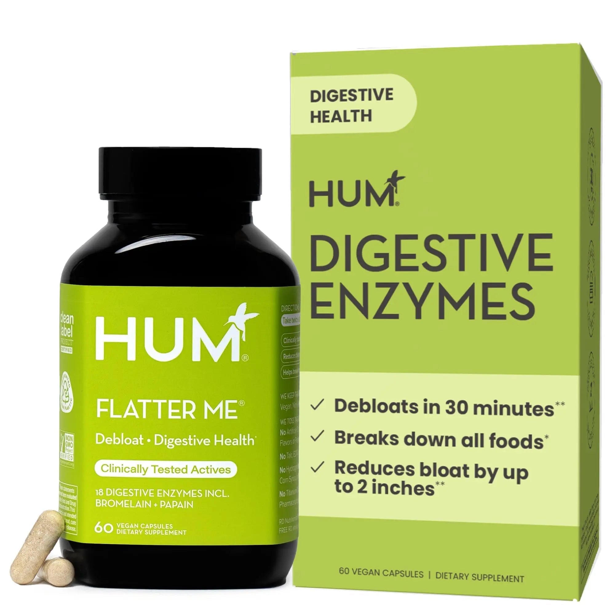 HUM Flatter Me Digestive Enzymes for Women & Men, Digestive Health Bloating Supplement with Ginger & Peppermint Leaf, Fast Acting Anti Bloat Pills Multi Enzyme for Debloating, Vegan, 60 Capsules - TrustMedUSA