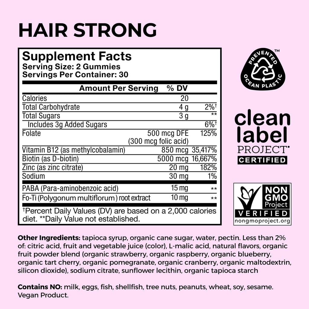 HUM Hair Strong Daily Hair Growth Gummies with Biotin, Zinc, Vitamin B12 to Support Growth, Folic Acid & Vitamin B12 Gummy Vitamins for Healthy Hair Support for Women and Men, 60 Gummies - TrustMedUSA