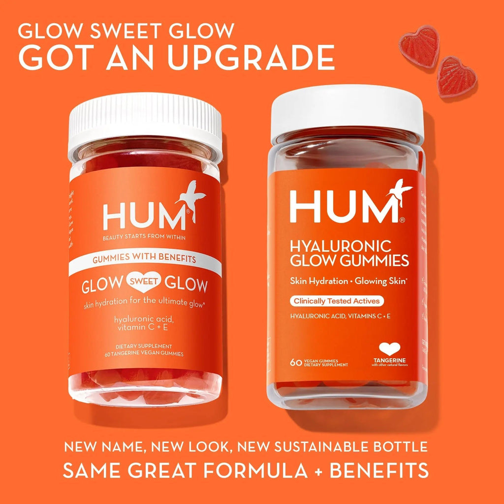 HUM Hyaluronic Glow Hydrating Skin Care Supplement, with Low Molecular Hyaluronic Acid, Vitamin C from Amla Fruit, and Vitamin E, Antioxidant Support for Skin Hydration, Tangerine, 60 Vegan Gummies - TrustMedUSA