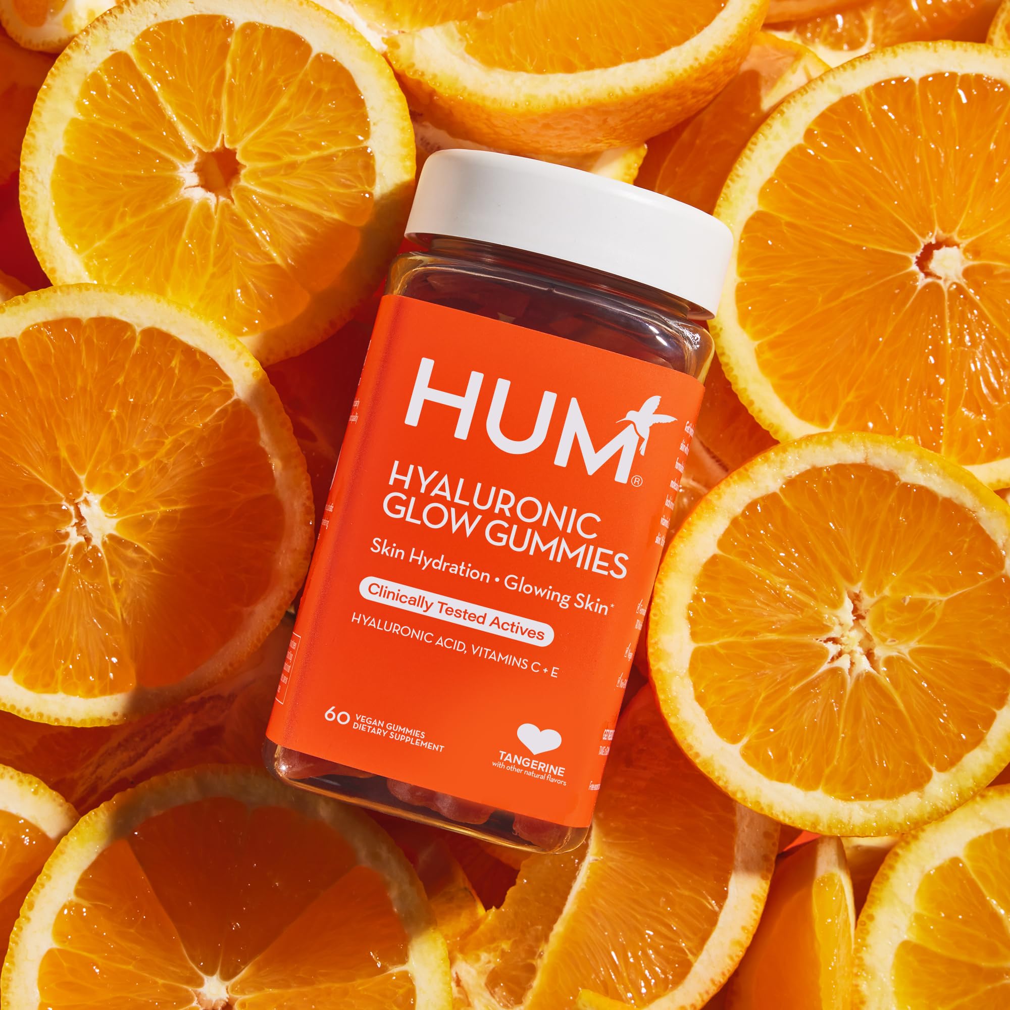 HUM Hyaluronic Glow Hydrating Skin Care Supplement, with Low Molecular Hyaluronic Acid, Vitamin C from Amla Fruit, and Vitamin E, Antioxidant Support for Skin Hydration, Tangerine, 60 Vegan Gummies - Maple Wellness Supplements