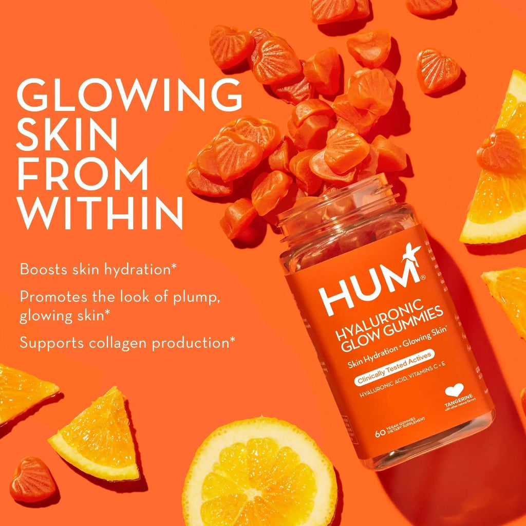 HUM Hyaluronic Glow Hydrating Skin Care Supplement, with Low Molecular Hyaluronic Acid, Vitamin C from Amla Fruit, and Vitamin E, Antioxidant Support for Skin Hydration, Tangerine, 60 Vegan Gummies - TrustMedUSA