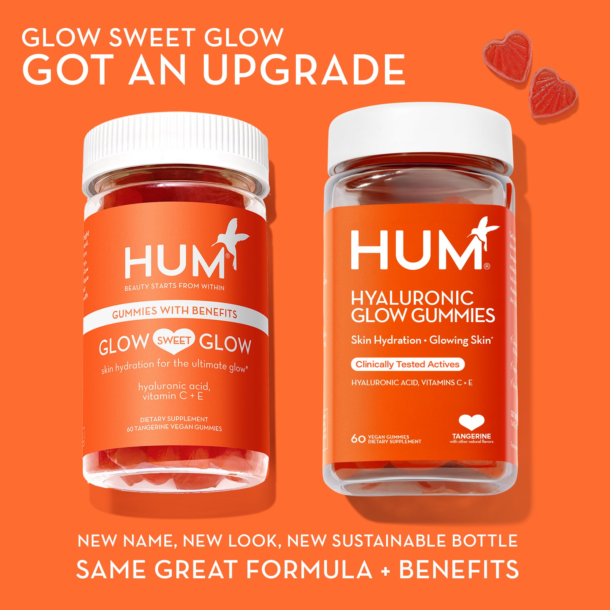 HUM Hyaluronic Glow Hydrating Skin Care Supplement, with Low Molecular Hyaluronic Acid, Vitamin C from Amla Fruit, and Vitamin E, Antioxidant Support for Skin Hydration, Tangerine, 60 Vegan Gummies - Maple Wellness Supplements