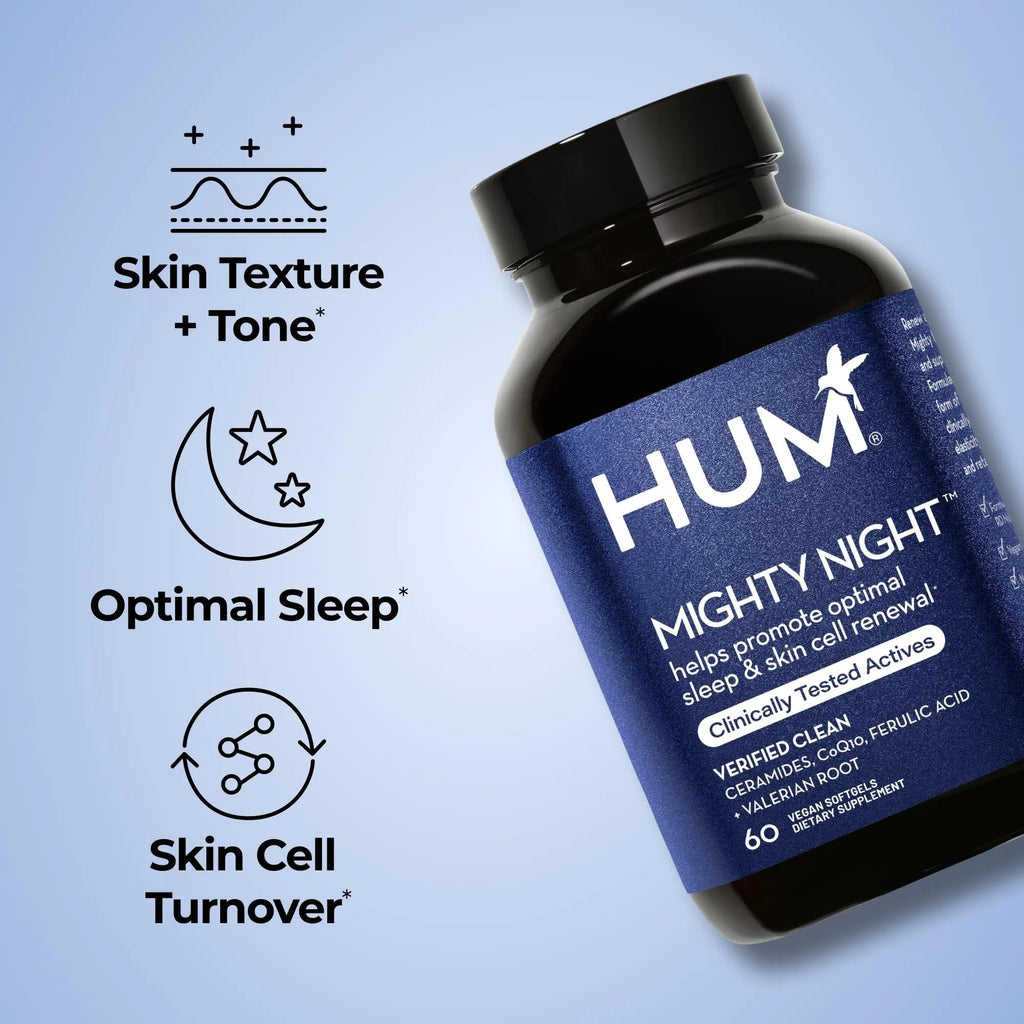 HUM Mighty Night Nighttime Sleep Supplement for Skin Care, CoQ10, Valerian Root & Ferulic Acid to Support Cell Turnover, Skin Vitamins for Women and Men, Overnight Beauty Vitamins, 60 Vegan Softgels - TrustMedUSA