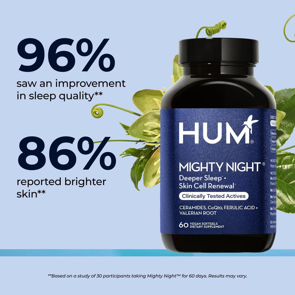 HUM Mighty Night Nighttime Sleep Supplement for Skin Care, CoQ10, Valerian Root & Ferulic Acid to Support Cell Turnover, Skin Vitamins for Women and Men, Overnight Beauty Vitamins, 60 Vegan Softgels - TrustMedUSA