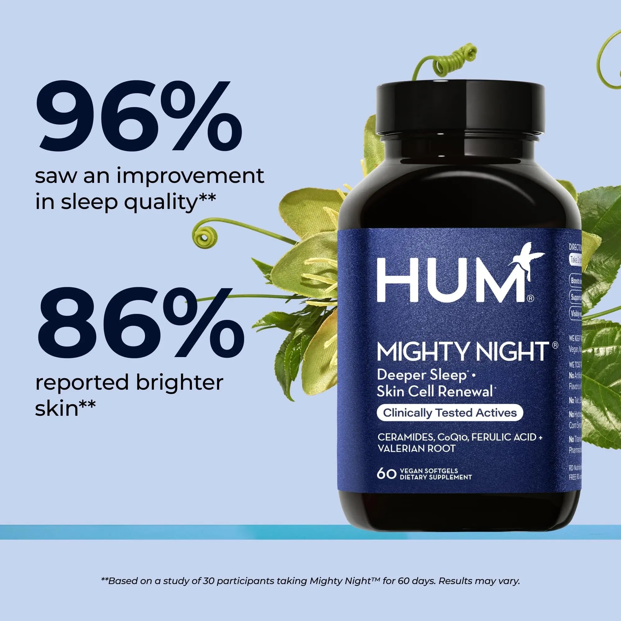HUM Mighty Night Nighttime Sleep Supplement for Skin Care, CoQ10, Valerian Root & Ferulic Acid to Support Cell Turnover, Skin Vitamins for Women and Men, Overnight Beauty Vitamins, 60 Vegan Softgels - TrustMedUSA