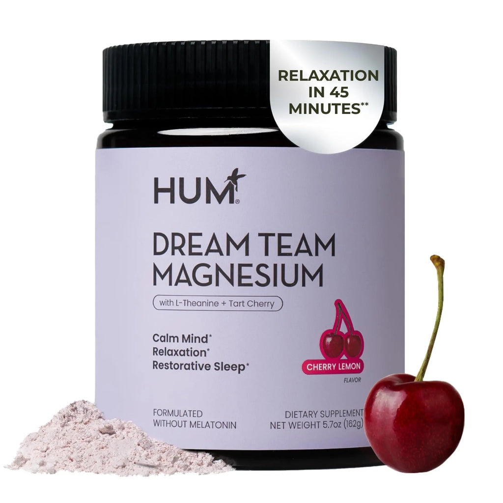 Hum Nutrition Dream Team Magnesium Bisglycinate Powder, L Theanine & Tart Cherry Magnesium Supplement Drink Mix, Support Rest, Relaxation & Sleep Routine, Gluten Free, Vegan, Cherry Lemon, 30 Servings - TrustMedUSA