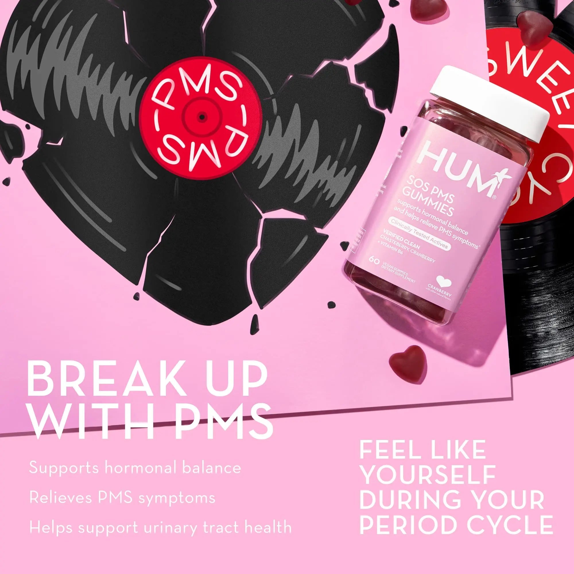 HUM Nutrition SOS PMS Gummies, PMS Support Supplement for Women, Support Cycle Symptoms, Bloating, Hormonal Balance, Includes Vitamin B6, Cranberry & Chasteberry Vitex, Gluten Free, 60 Vegan Gummies - TrustMedUSA
