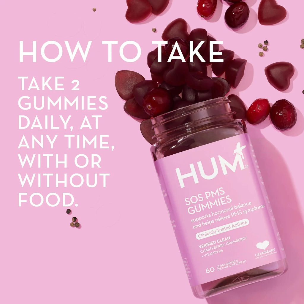 HUM Nutrition SOS PMS Gummies, PMS Support Supplement for Women, Support Cycle Symptoms, Bloating, Hormonal Balance, Includes Vitamin B6, Cranberry & Chasteberry Vitex, Gluten Free, 60 Vegan Gummies - TrustMedUSA
