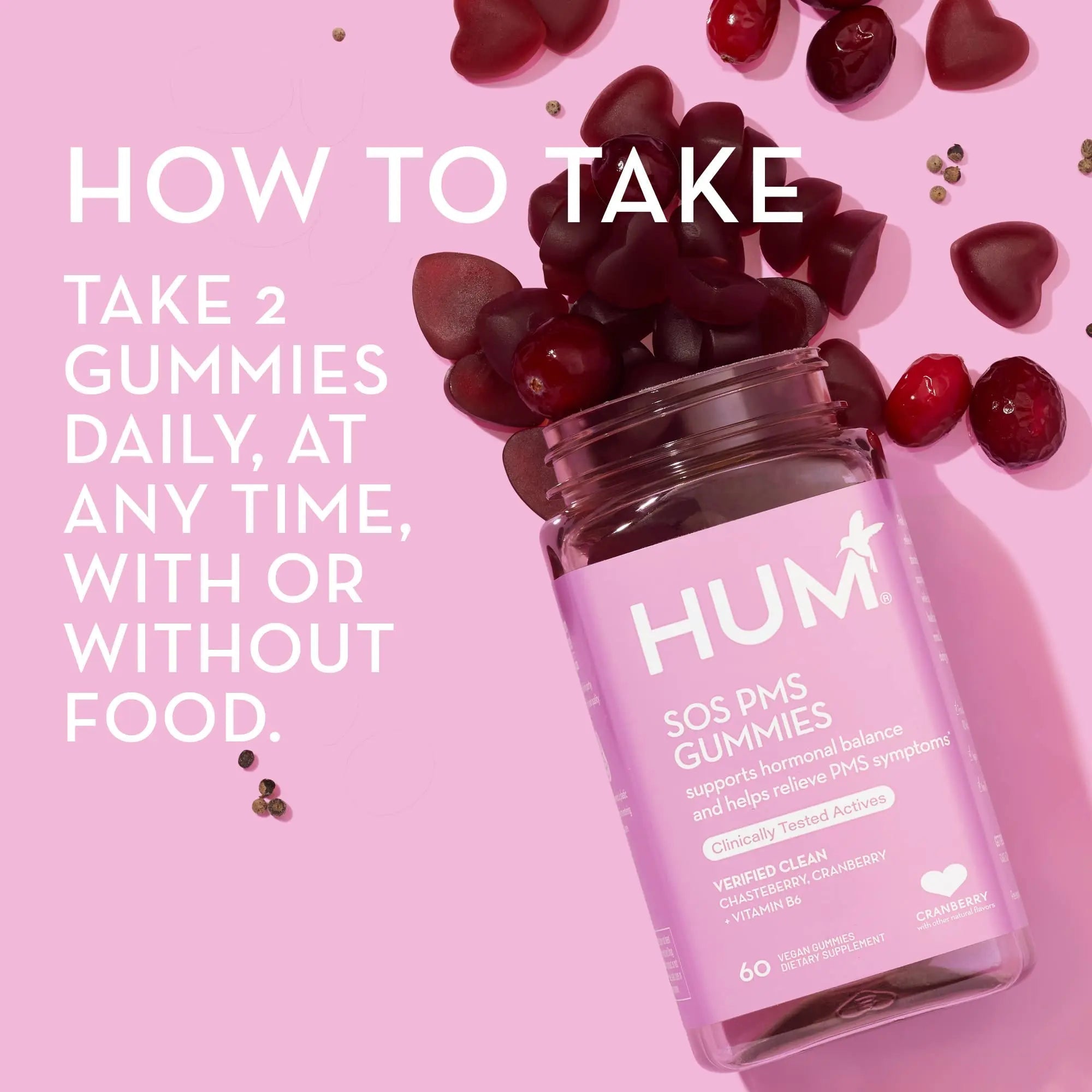 HUM Nutrition SOS PMS Gummies, PMS Support Supplement for Women, Support Cycle Symptoms, Bloating, Hormonal Balance, Includes Vitamin B6, Cranberry & Chasteberry Vitex, Gluten Free, 60 Vegan Gummies - TrustMedUSA