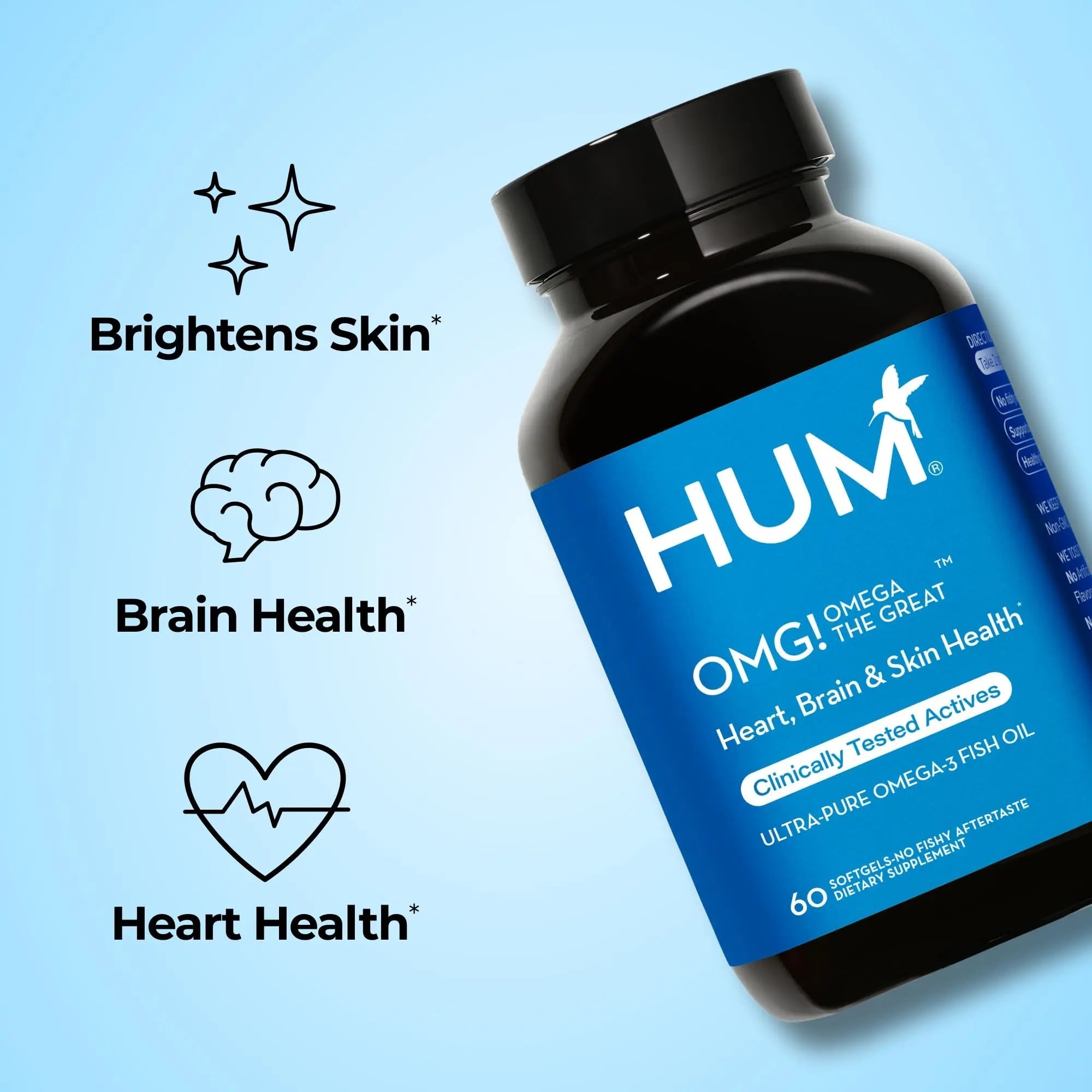 HUM OMG! Omega The Great Triple Omega 3 Fish Oil Supplement for Women & Men with Vitamin E, DHA & EPA, Skin Care & Skin Tone Support for Heart & Brain Health, Gluten Free, Non GMO, 60 Softgels - TrustMedUSA