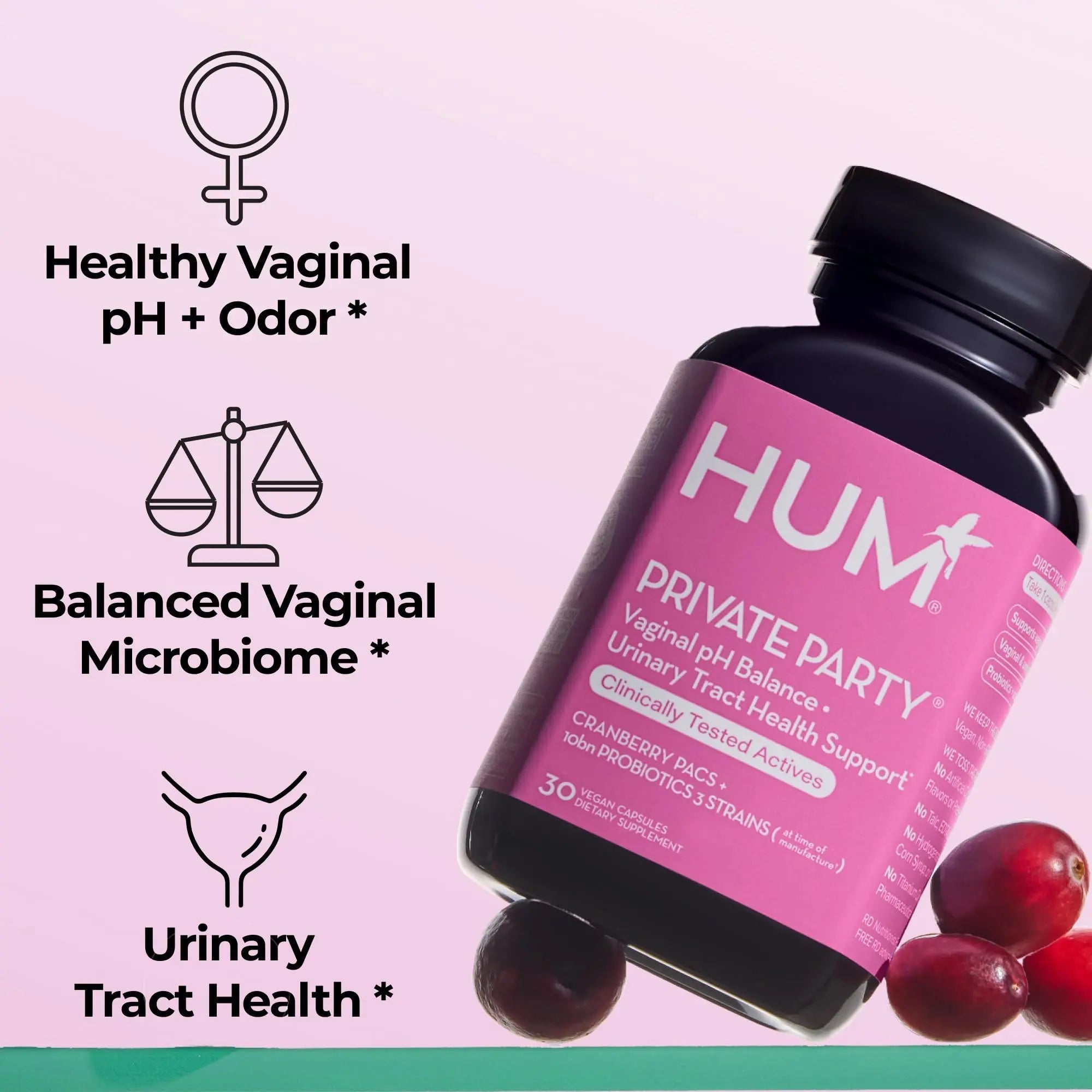 HUM Private Party Vaginal Probiotics for Women, pH Balance and Urinary Tract Support Vaginal Probiotic Supplement with Cranberry & Lactobacillus Blend, Women's Health Cranberry Pills, 30 Capsules - TrustMedUSA