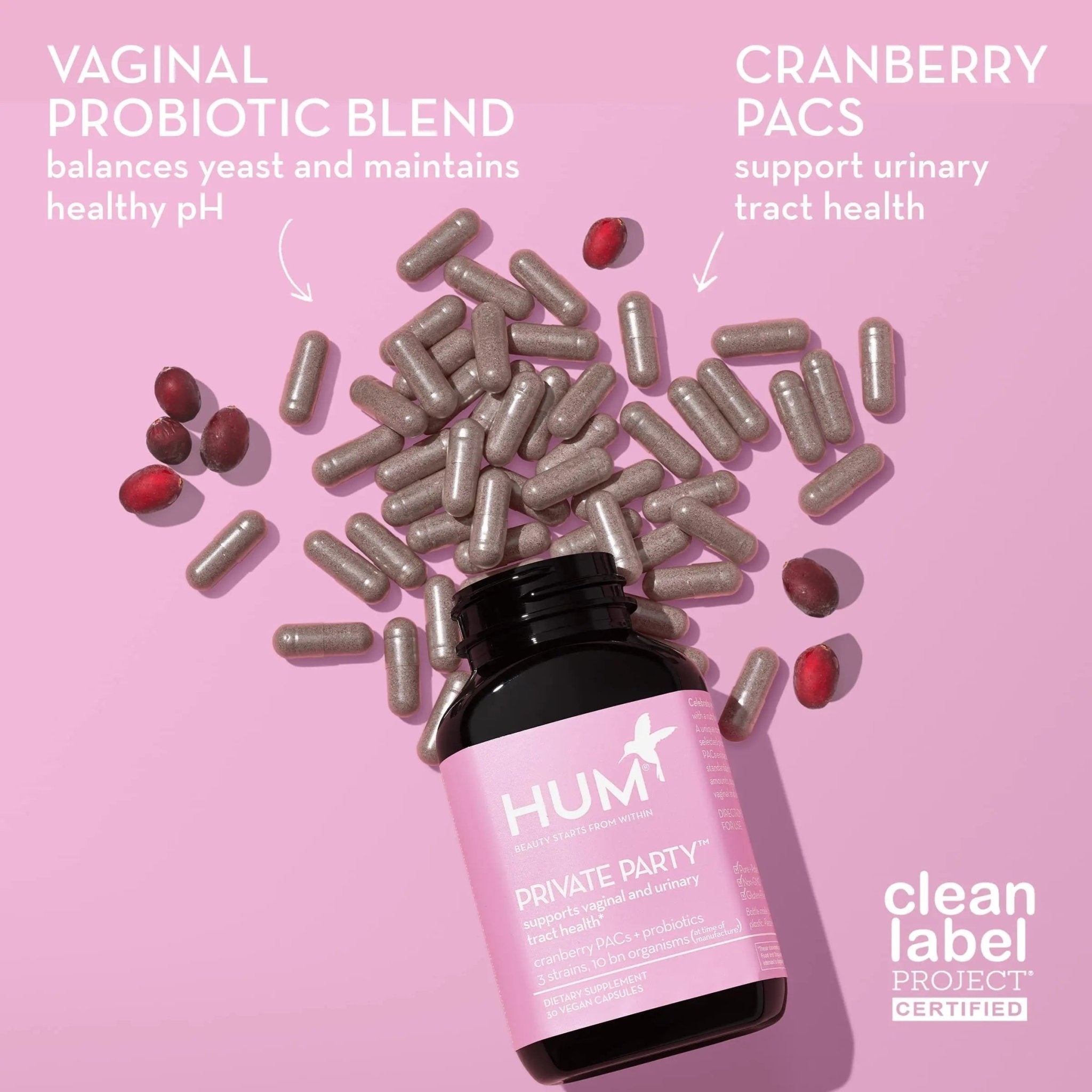 HUM Private Party Vaginal Probiotics for Women, pH Balance and Urinary Tract Support Vaginal Probiotic Supplement with Cranberry & Lactobacillus Blend, Women's Health Cranberry Pills, 90 Capsules - TrustMedUSA