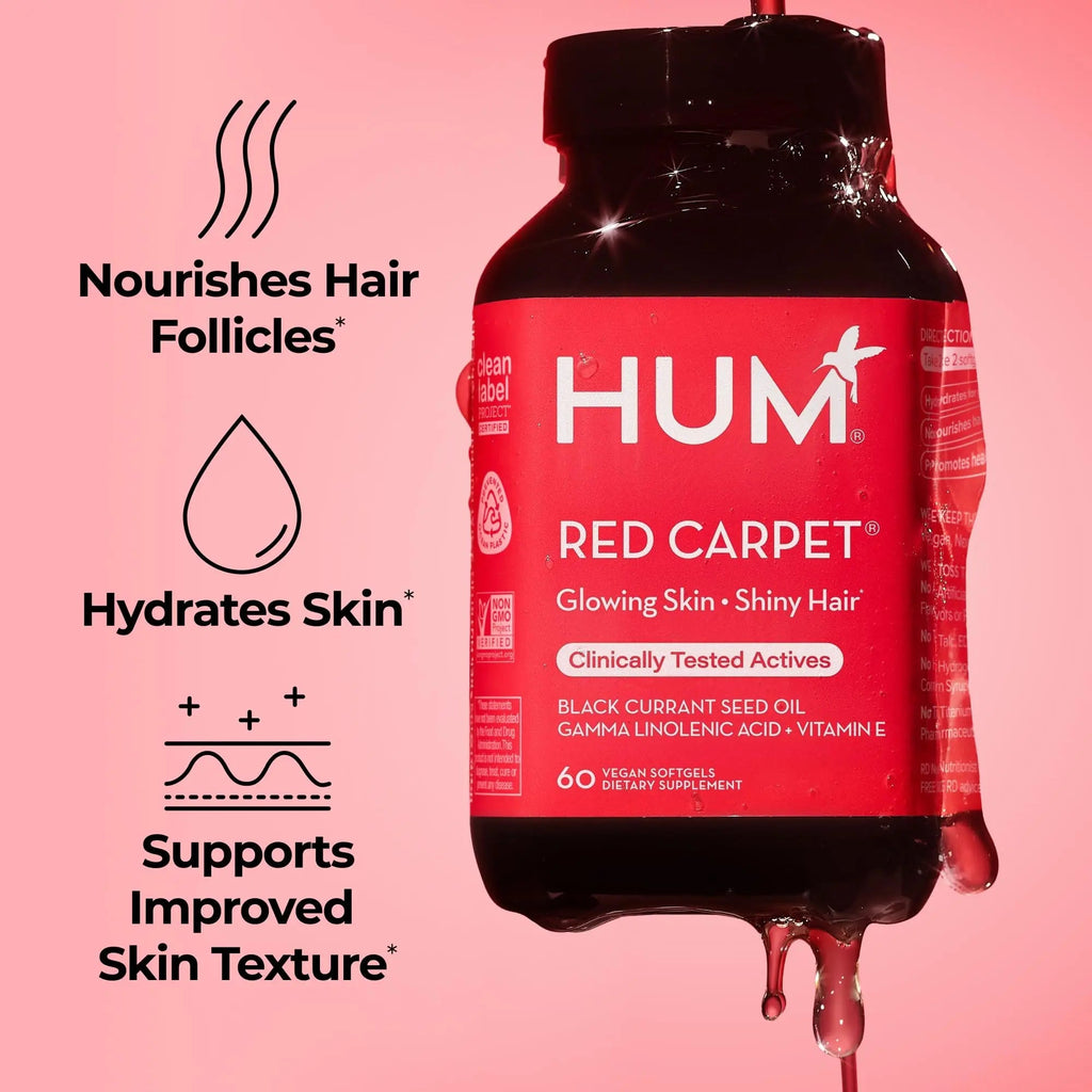 HUM Red Carpet Skin & Hair Vitamins for Women with Omega 3 Fatty Acids, Vitamin E, and Black Currant Seed Oil, Supplement for Skin Health & Healthy Hair Follicles Support, 60 Count - TrustMedUSA