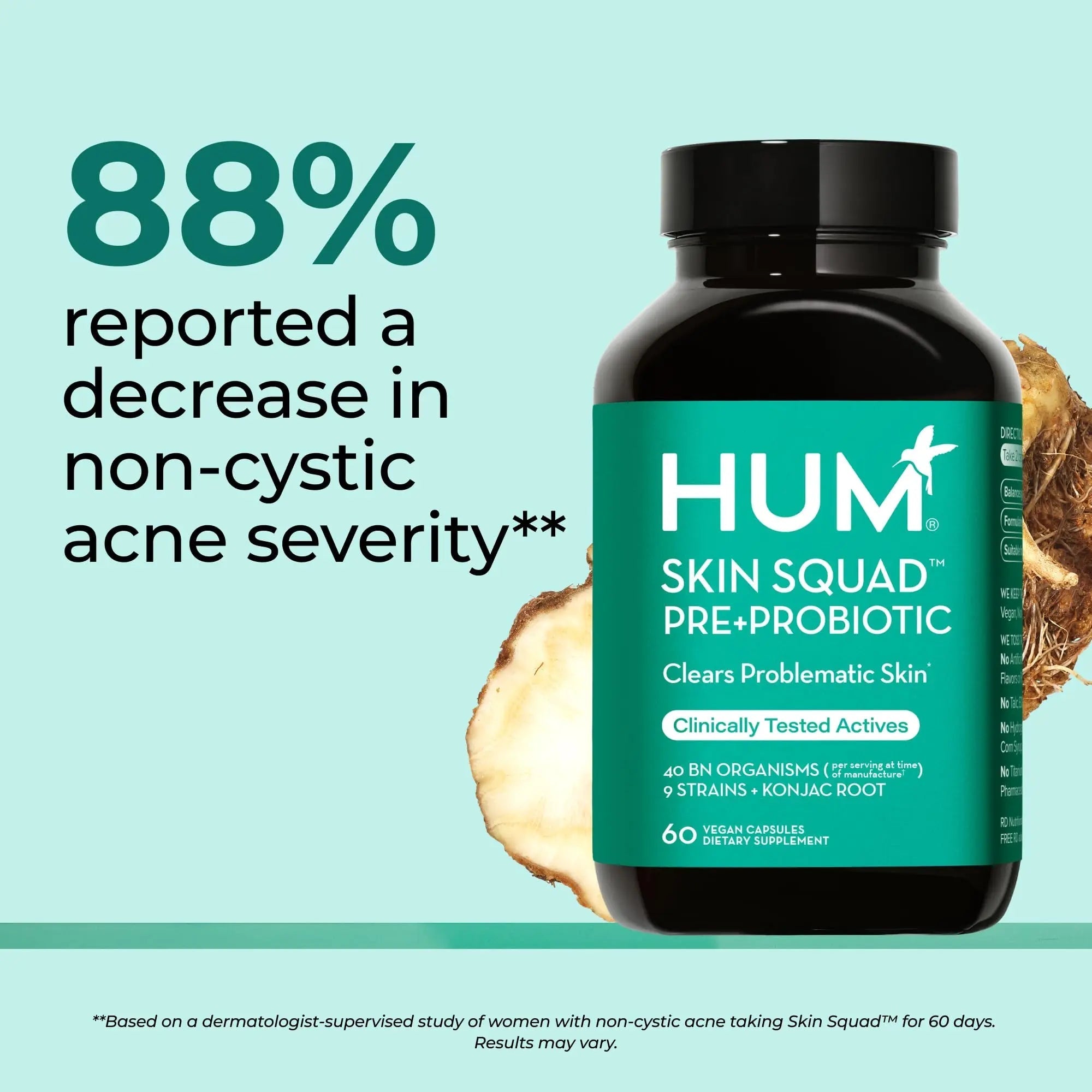HUM Skin Squad Probiotics for Women and Men, Skin Care Supplement for Clear Complexion & Gut Health Support, Microbiome Prebiotic & Probiotic Supplement for Breakouts, Digestive Health, 60 Capsules - TrustMedUSA