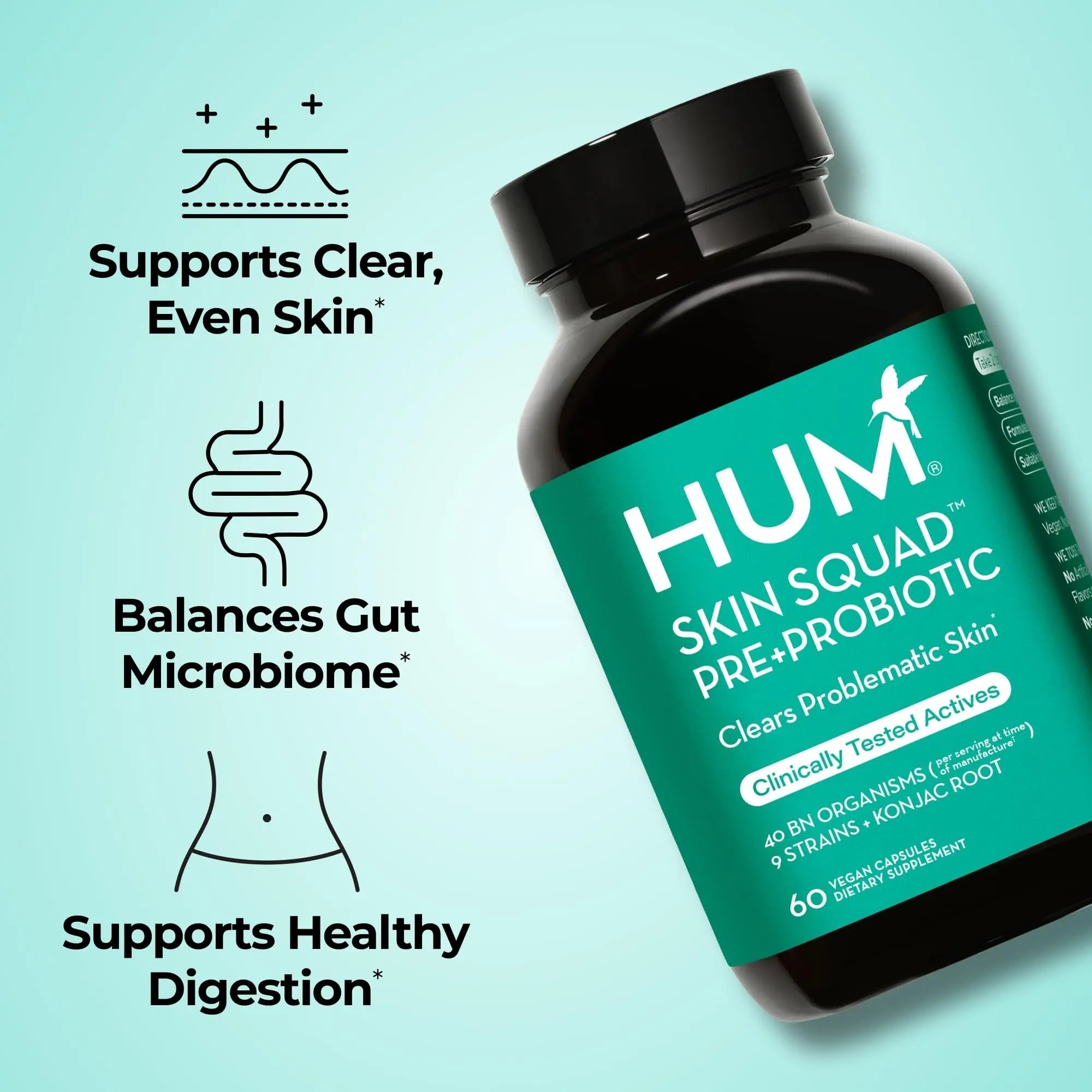 HUM Skin Squad Probiotics for Women and Men, Skin Care Supplement for Clear Complexion & Gut Health Support, Microbiome Prebiotic & Probiotic Supplement for Breakouts, Digestive Health, 60 Capsules - TrustMedUSA