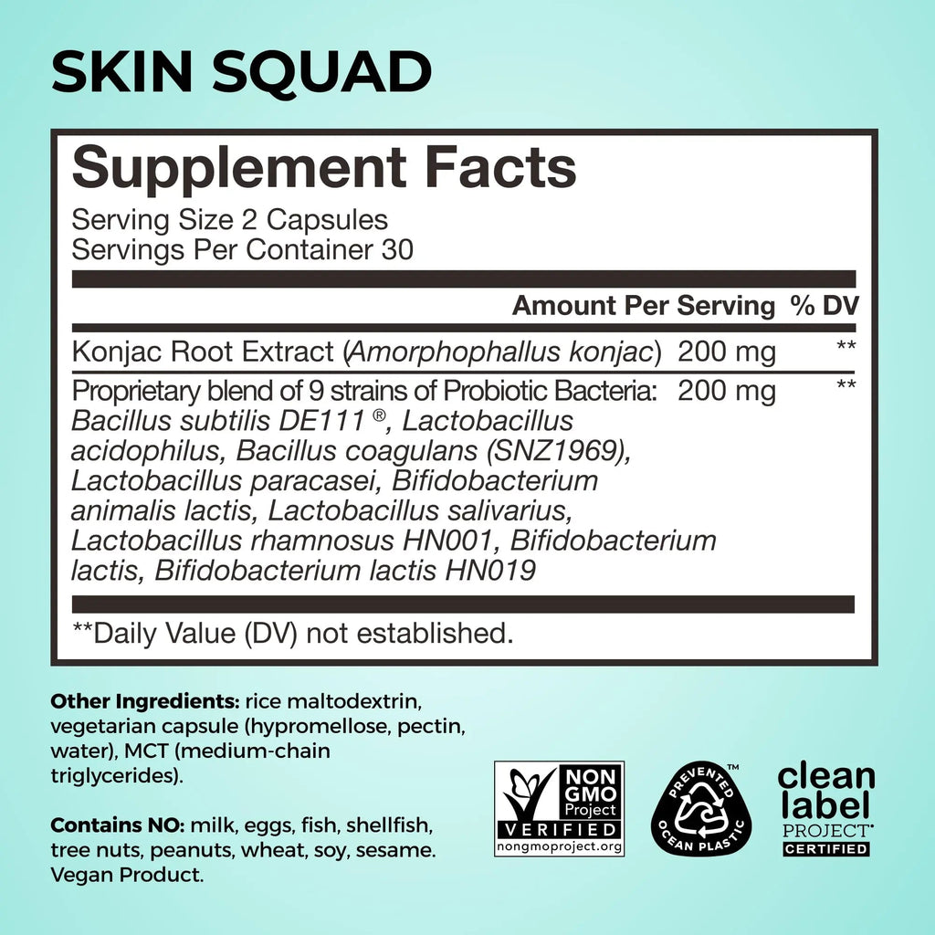 HUM Skin Squad Probiotics for Women and Men, Skin Care Supplement for Clear Complexion & Gut Health Support, Microbiome Prebiotic & Probiotic Supplement for Breakouts, Digestive Health, 60 Capsules - TrustMedUSA