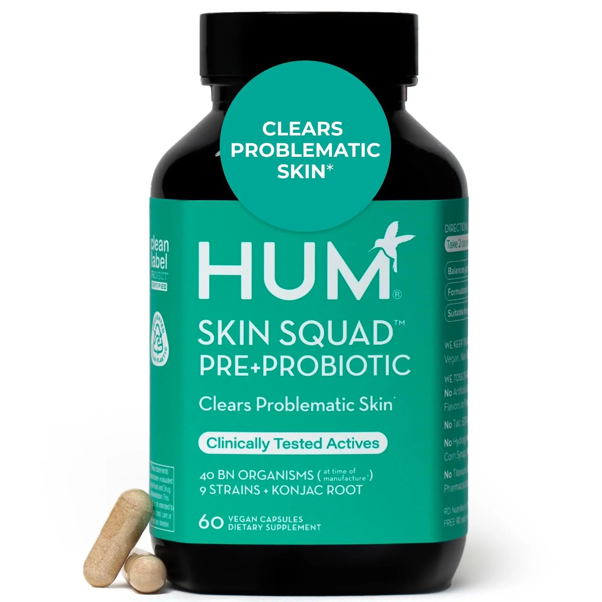 HUM Skin Squad Probiotics for Women and Men, Skin Care Supplement for Clear Complexion & Gut Health Support, Microbiome Prebiotic & Probiotic Supplement for Breakouts, Digestive Health, 60 Capsules - TrustMedUSA