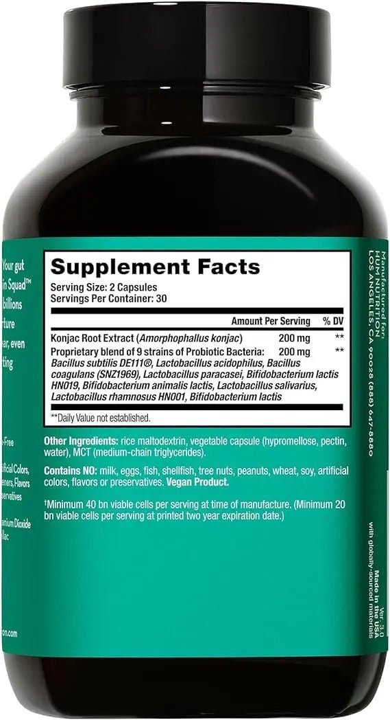 HUM Skin Squad Probiotics for Women and Men, Skin Care Supplement for Clear Complexion & Gut Health Support, Microbiome Prebiotic & Probiotic Supplement for Breakouts, Digestive Health, 60 Capsules - TrustMedUSA