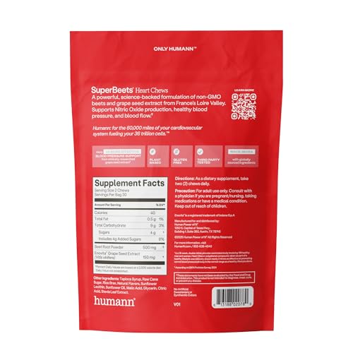 Humann SuperBeets Heart Chews, Beet Root Powder Support Energy Supplement, Nitric Oxide and Blood Pressure Support, Grape Seed Extract & Non-GMO - TrustMedUSA