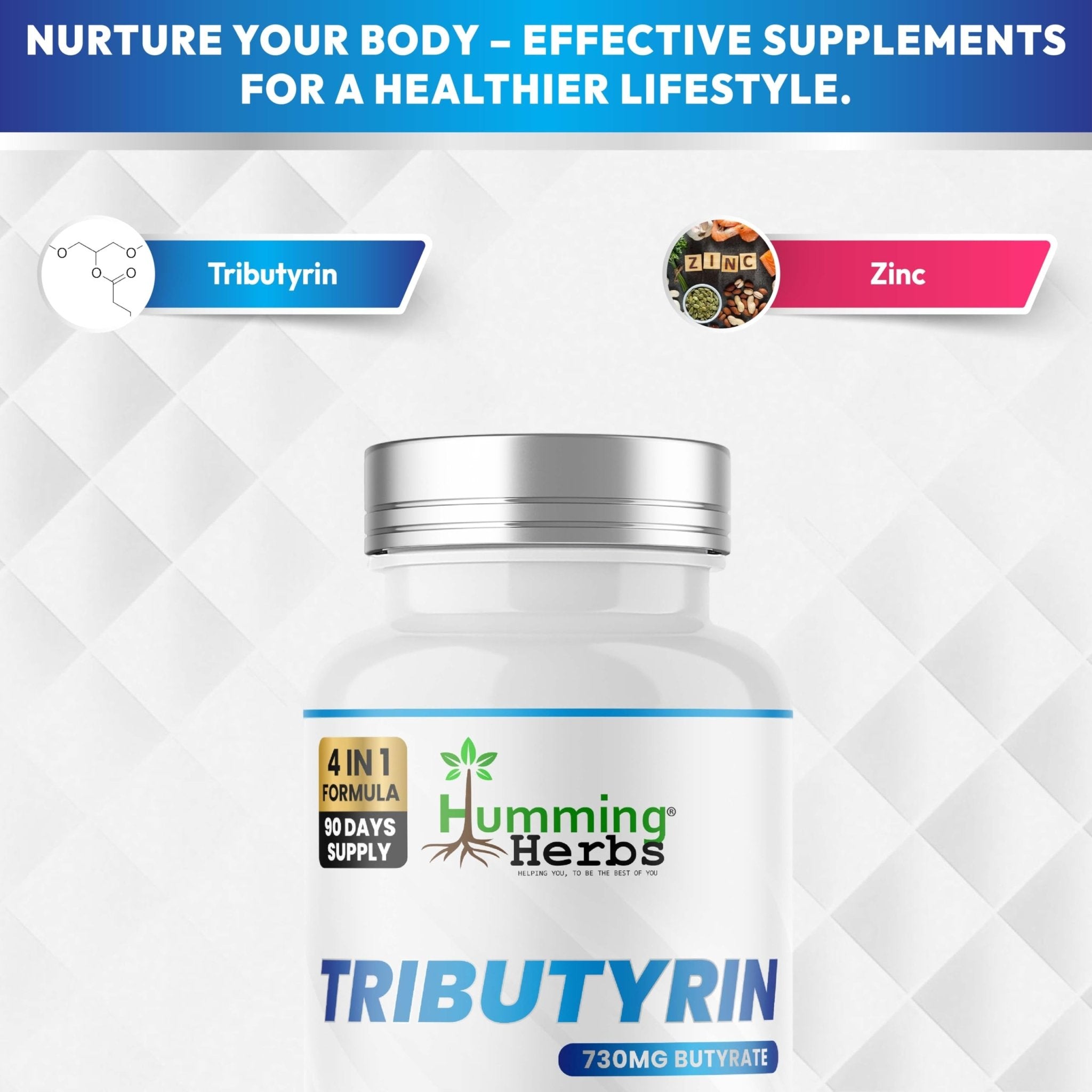 Humming Herbs Tributyrin Complex — 850 mg per Serving (95% Pure, yielding 731 mg Butyrate) with L-Glutamine, Zinc L-Carnosine, FOS & Probiotic Blend (180) - TrustMedUSA