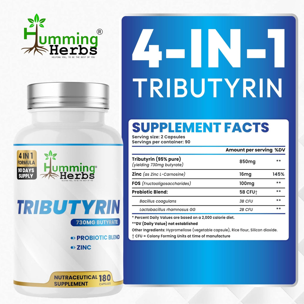 Humming Herbs Tributyrin Complex — 850 mg per Serving (95% Pure, yielding 731 mg Butyrate) with L-Glutamine, Zinc L-Carnosine, FOS & Probiotic Blend (180) - TrustMedUSA
