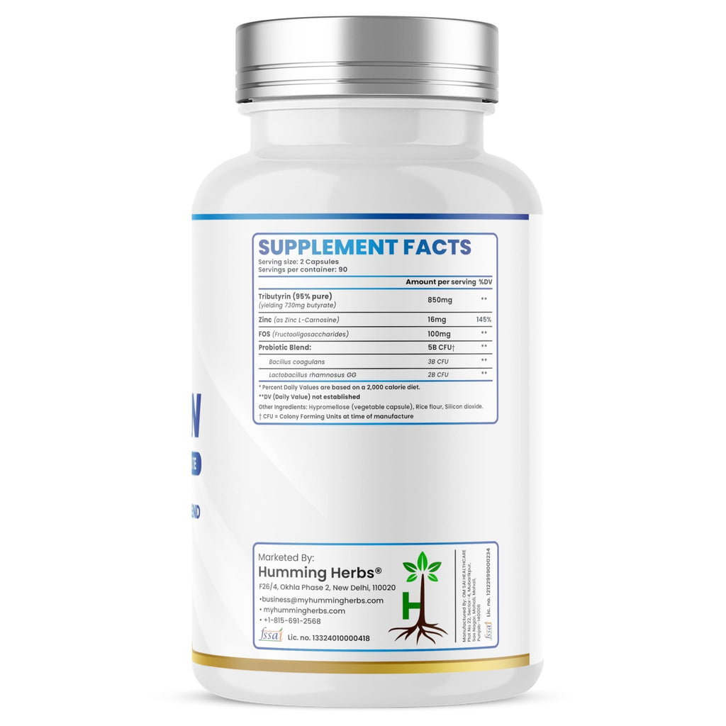 Humming Herbs Tributyrin Complex — 850 mg per Serving (95% Pure, yielding 731 mg Butyrate) with L-Glutamine, Zinc L-Carnosine, FOS & Probiotic Blend (180) - TrustMedUSA