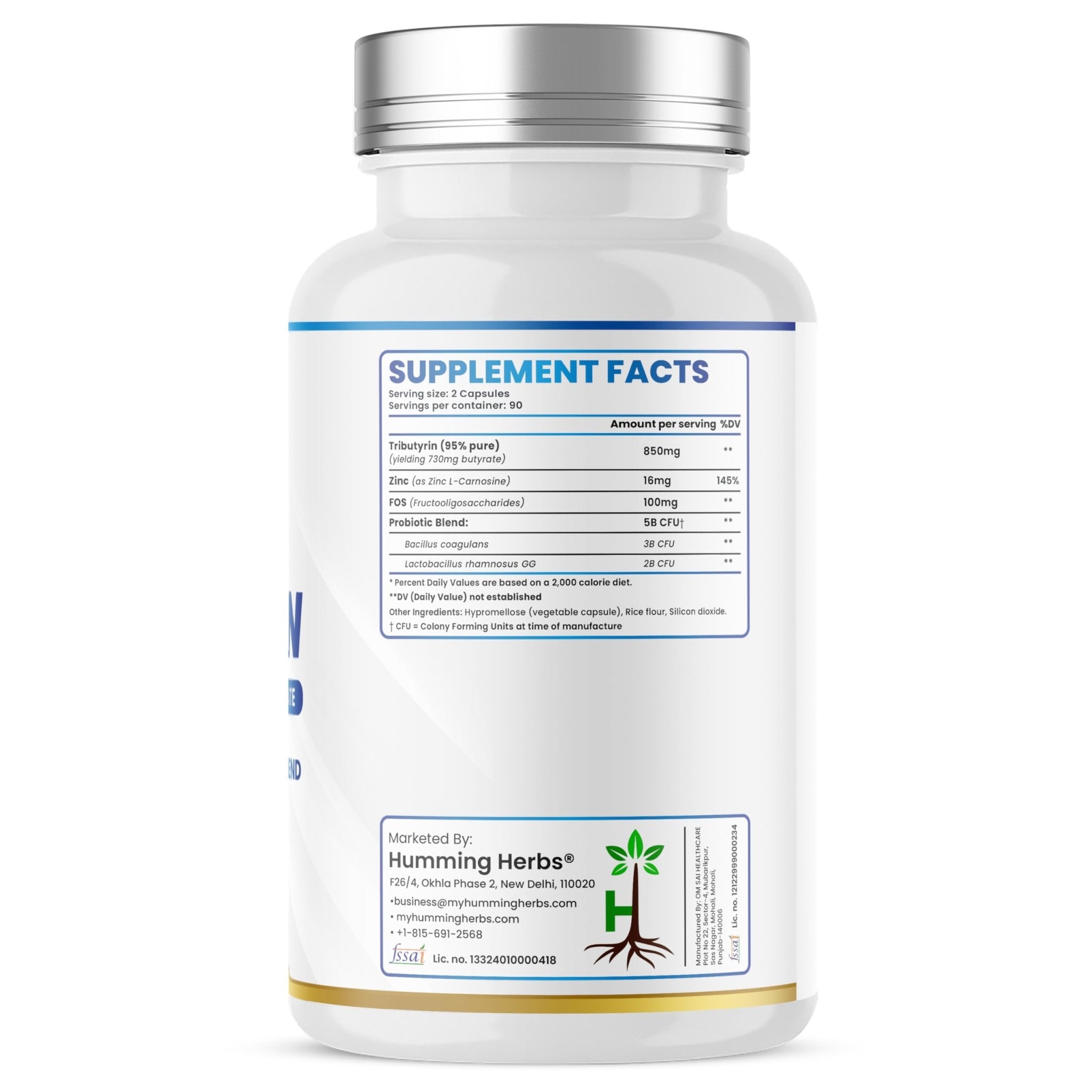 Humming Herbs Tributyrin Complex — 850 mg per Serving (95% Pure, yielding 731 mg Butyrate) with L-Glutamine, Zinc L-Carnosine, FOS & Probiotic Blend (180) - TrustMedUSA