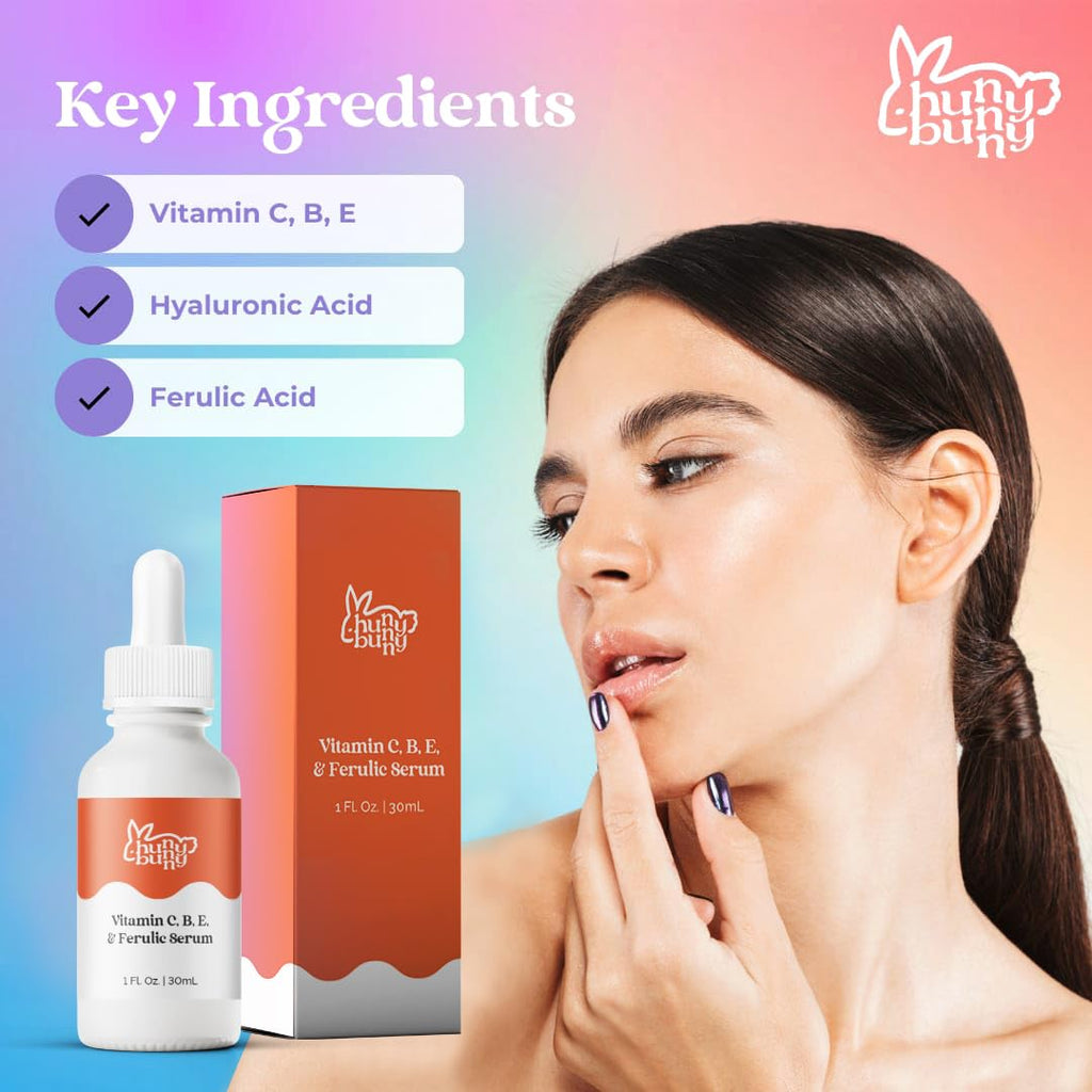 Hunny Bunny Vitamin C Serum for Face - Pure Brightening Dark Spots Sensitive Skin - Ferulic Acid, Niacinamide, L-Ascorbic Acid, Hyaluronic Acid, Vitamins B E, 1 Fl Oz - Maple Wellness Supplements