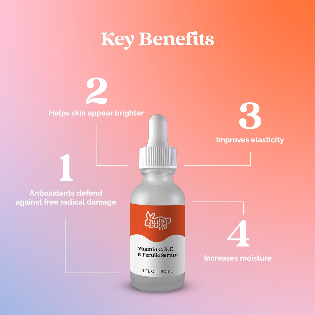 Hunny Bunny Vitamin C Serum for Face - Pure Brightening Dark Spots Sensitive Skin - Ferulic Acid, Niacinamide, L-Ascorbic Acid, Hyaluronic Acid, Vitamins B E, 1 Fl Oz - Maple Wellness Supplements