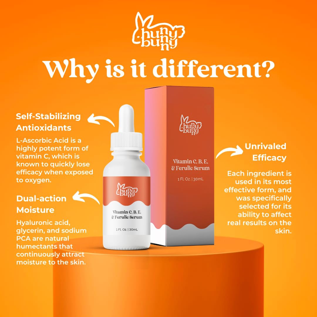 Hunny Bunny Vitamin C Serum for Face - Pure Brightening Dark Spots Sensitive Skin - Ferulic Acid, Niacinamide, L-Ascorbic Acid, Hyaluronic Acid, Vitamins B E, 1 Fl Oz - Maple Wellness Supplements