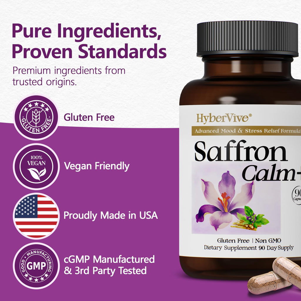 HyberVive Saffron Supplements with Ashwagandha & L-Theanine - 368.5MG - Mood Balance, Stress Relief & Mental Clarity – Cortisol Support for Women & Men, Made in USA, 90 Vegan Capsules - TrustMedUSA