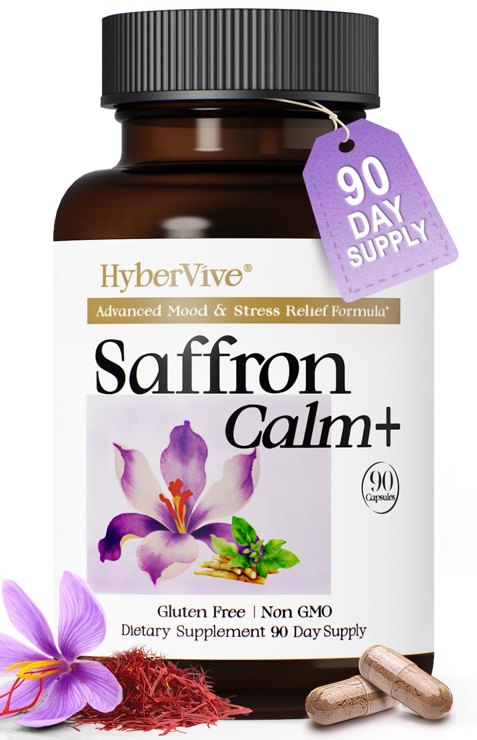 HyberVive Saffron Supplements with Ashwagandha & L-Theanine - 368.5MG - Mood Balance, Stress Relief & Mental Clarity – Cortisol Support for Women & Men, Made in USA, 90 Vegan Capsules - TrustMedUSA