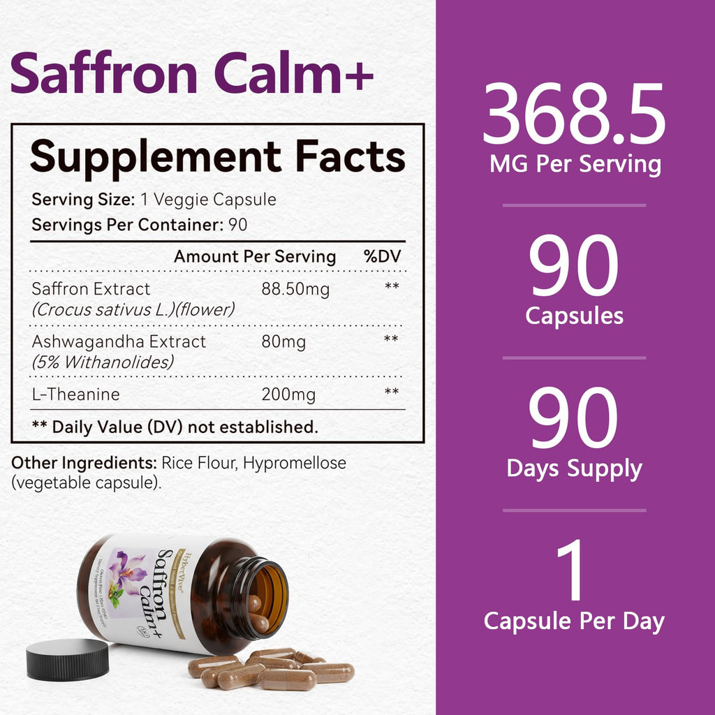 HyberVive Saffron Supplements with Ashwagandha & L-Theanine - 368.5MG - Mood Balance, Stress Relief & Mental Clarity – Cortisol Support for Women & Men, Made in USA, 90 Vegan Capsules - TrustMedUSA