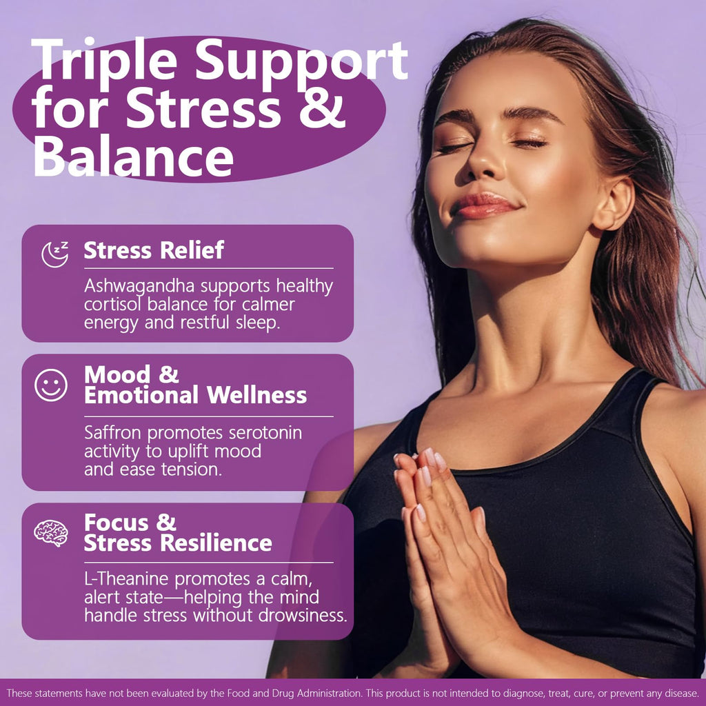 HyberVive Saffron Supplements with Ashwagandha & L-Theanine - 368.5MG - Mood Balance, Stress Relief & Mental Clarity – Cortisol Support for Women & Men, Made in USA, 90 Vegan Capsules - TrustMedUSA