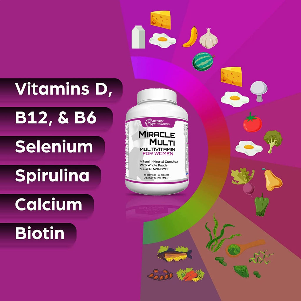 Hybrid Nutraceuticals MiracleMulti Women Multivitamin with Probiotics, Biotin, Folic Acid, Enzymes + Fruit & Vegetable Blend - Immune Support, Heart Health, Energy: 60 Servings (Non-GMO) - TrustMedUSA