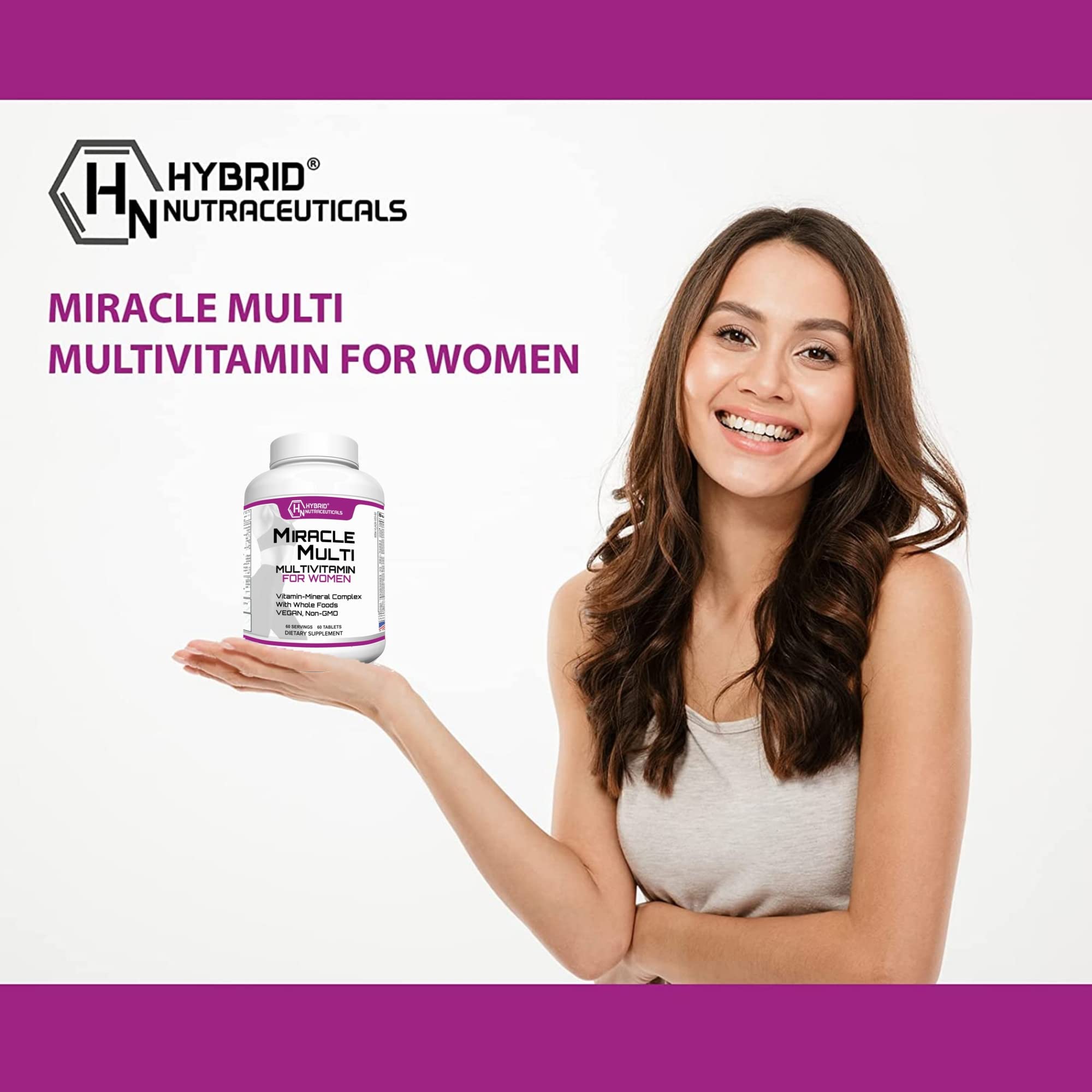 Hybrid Nutraceuticals MiracleMulti Women Multivitamin with Probiotics, Biotin, Folic Acid, Enzymes + Fruit & Vegetable Blend - Immune Support, Heart Health, Energy: 60 Servings (Non-GMO) - TrustMedUSA