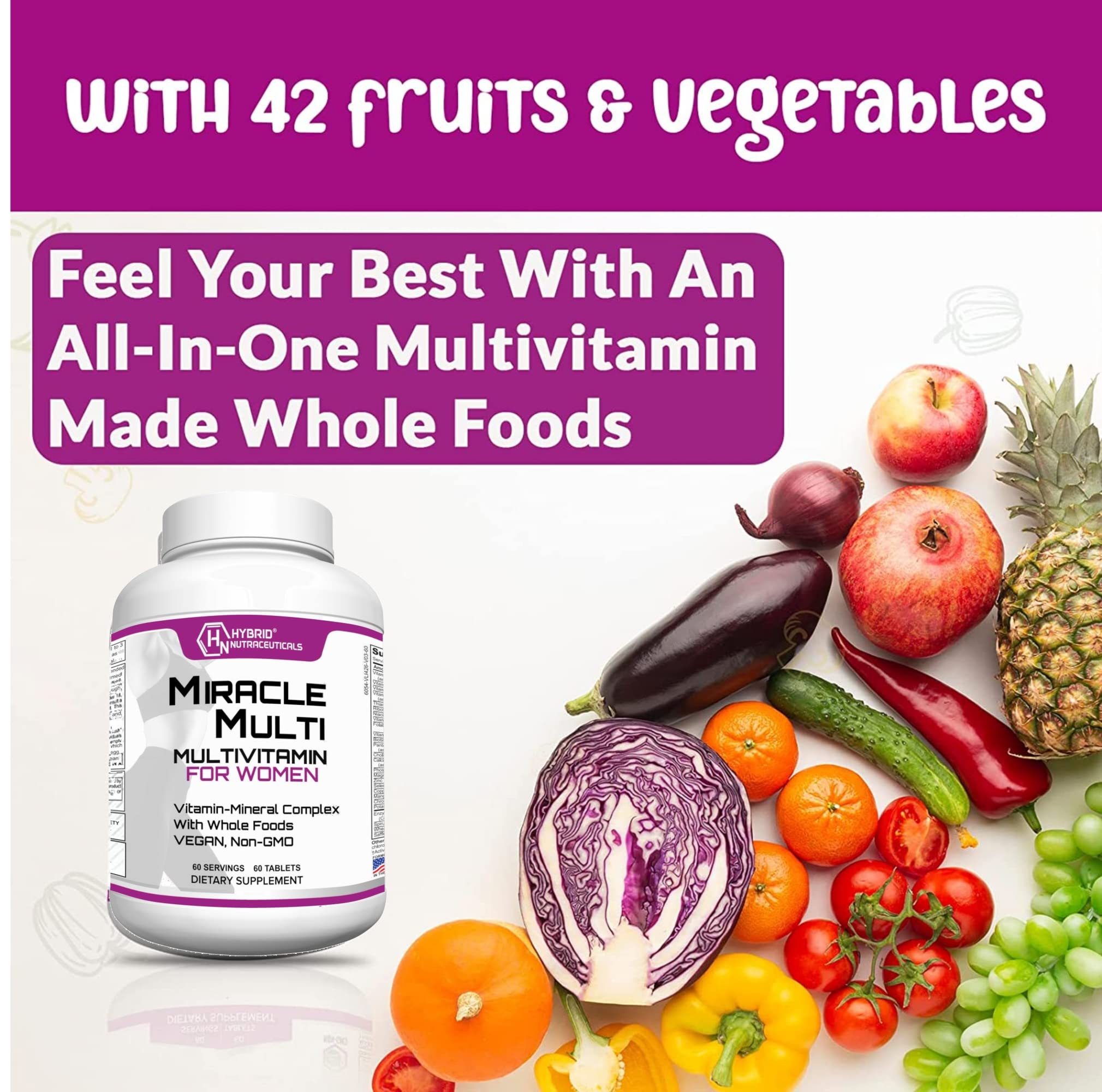 Hybrid Nutraceuticals MiracleMulti Women Multivitamin with Probiotics, Biotin, Folic Acid, Enzymes + Fruit & Vegetable Blend - Immune Support, Heart Health, Energy: 60 Servings (Non-GMO) - TrustMedUSA