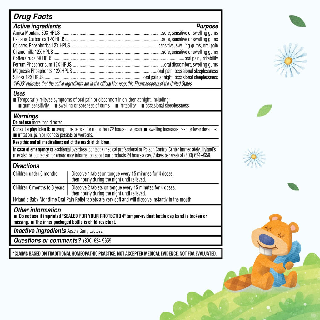 Hyland's Baby Nighttime Oral Pain Relief Tablets - 125-Count, Up to 62 Doses - Baby and Toddler Soothing Tablets with Chamomile for Discomfort, Irritability & Swelling - Maple Wellness Supplements