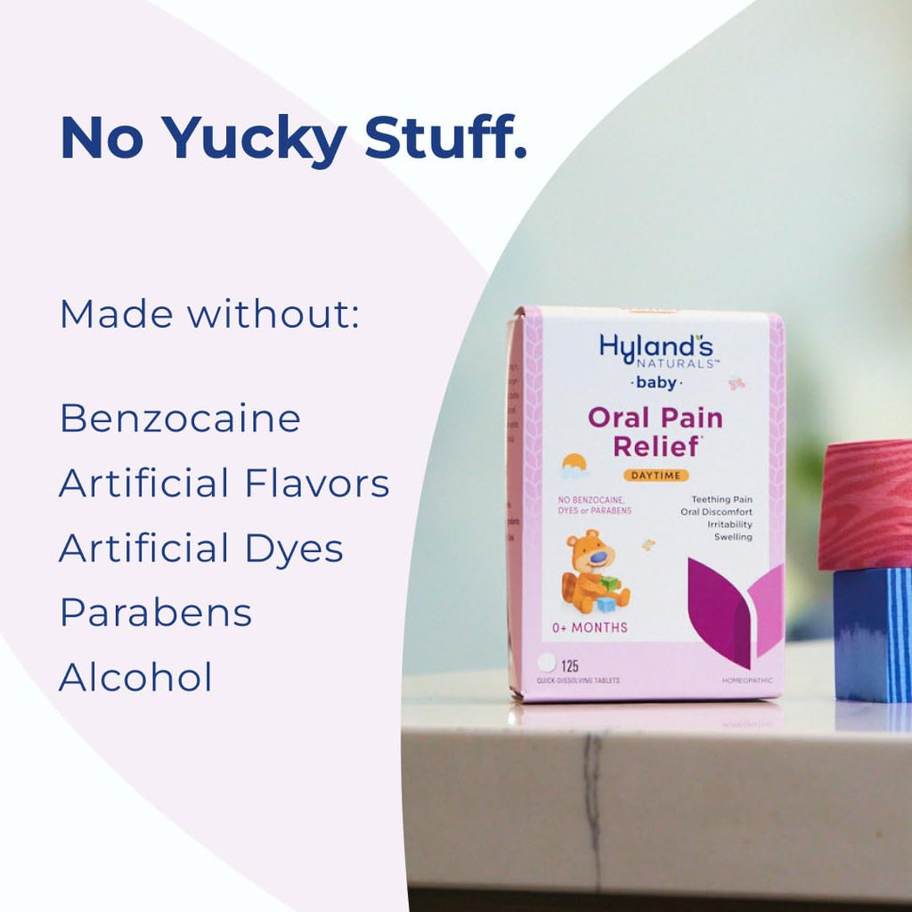 Hyland's Baby Nighttime Oral Pain Relief Tablets - 125-Count, Up to 62 Doses - Baby and Toddler Soothing Tablets with Chamomile for Discomfort, Irritability & Swelling - Maple Wellness Supplements