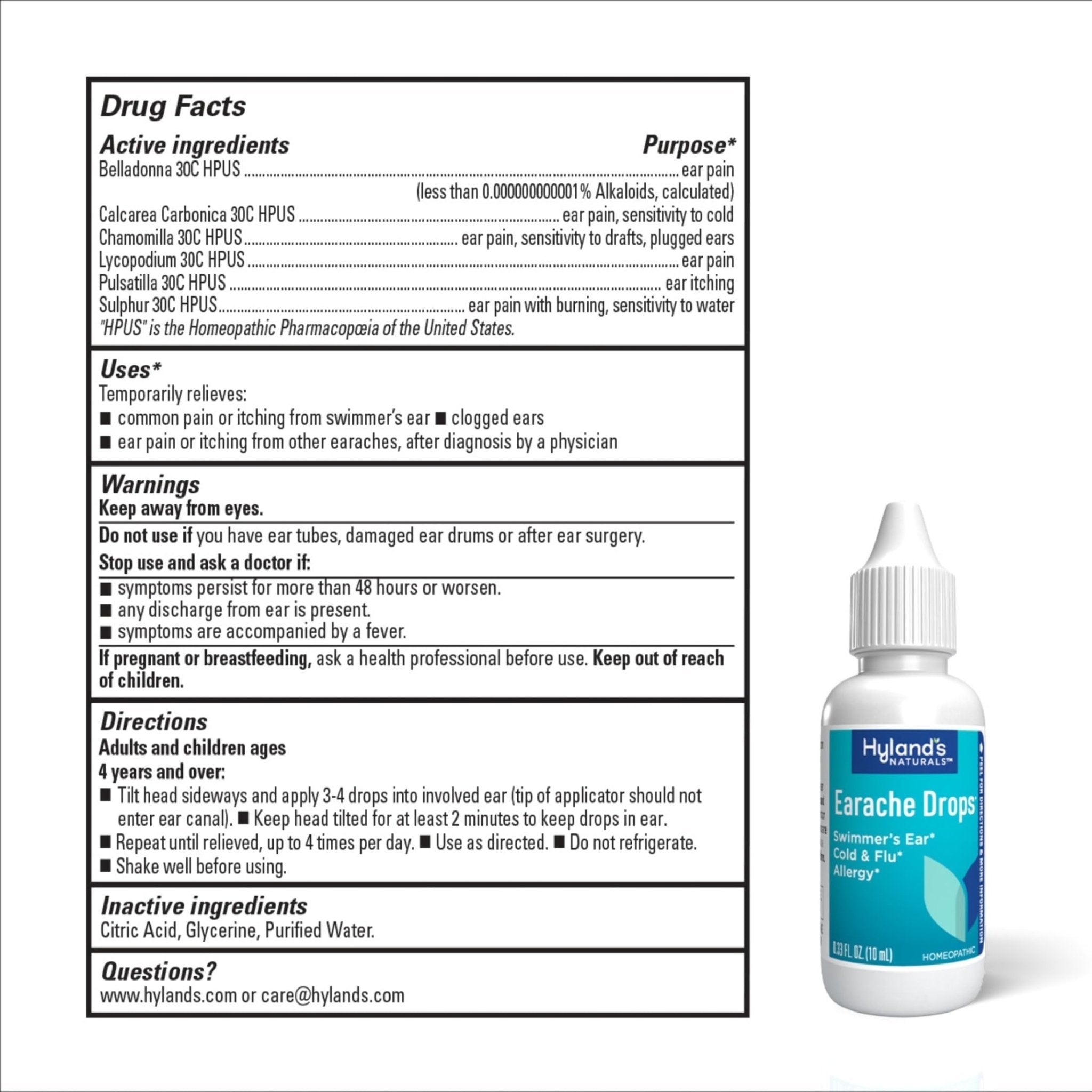 Hyland's Earache Drops, Natural Relief of Swimmer's Ear, Cold and Flu, Allergy Symptoms, Ages 4 and up, Day and Night, 0.33 Fl Oz - Maple Wellness Supplements
