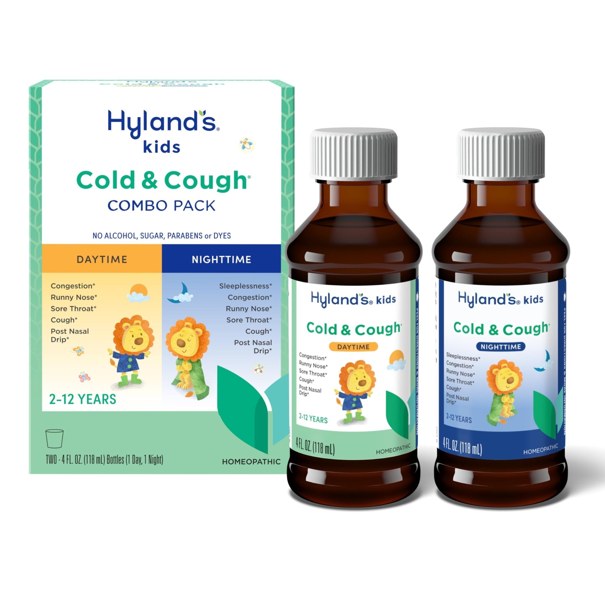 Hyland's Kids Cold and Cough, Day and Night Combo Pack, Cold Medicine for Ages 2 and up, Syrup Cough Medicine for Kids, Nasal Decongestant, 4 Fl Oz (Pack of 2) - Maple Wellness Supplements