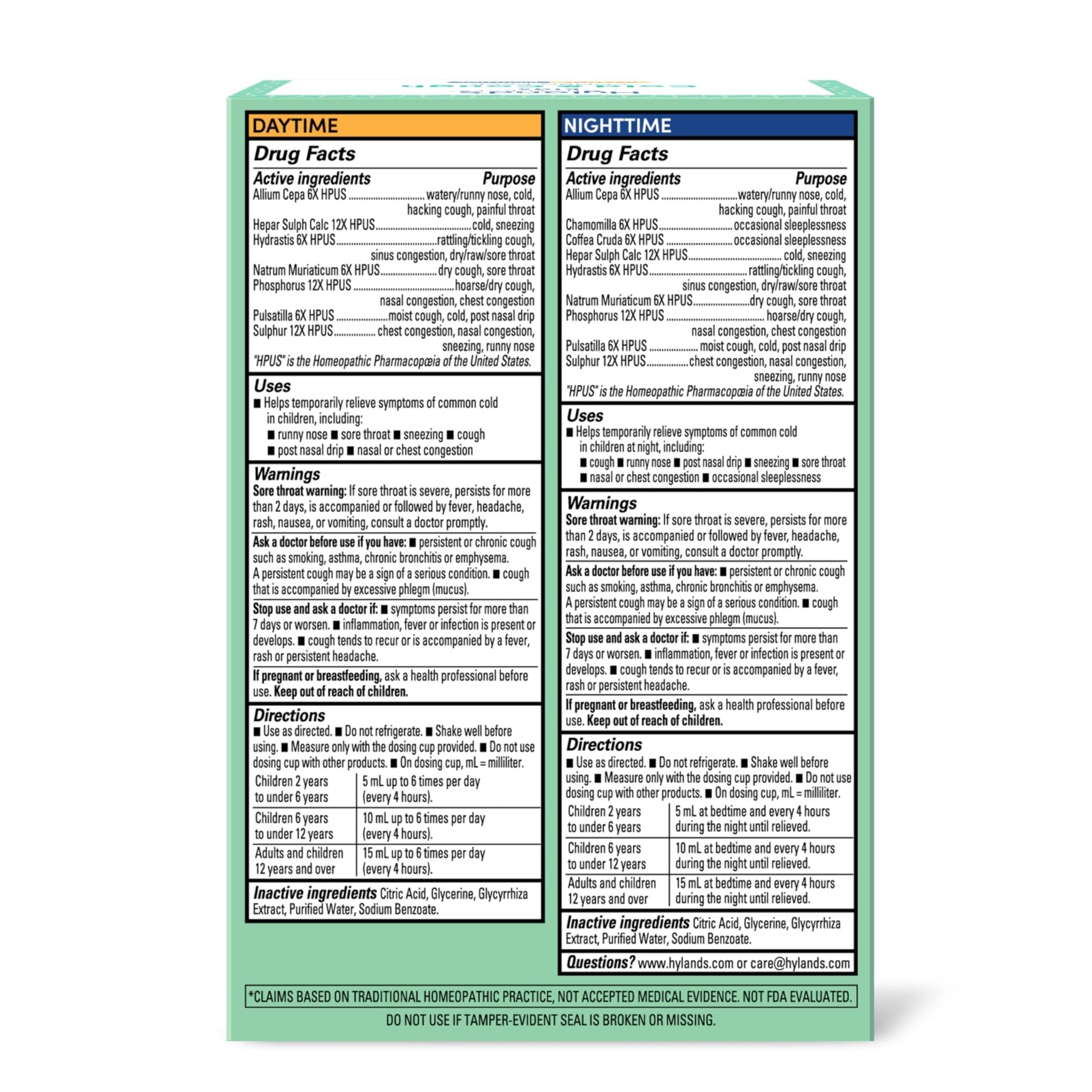 Hyland's Kids Cold and Cough, Day and Night Combo Pack, Cold Medicine for Ages 2 and up, Syrup Cough Medicine for Kids, Nasal Decongestant, 4 Fl Oz (Pack of 2) - Maple Wellness Supplements