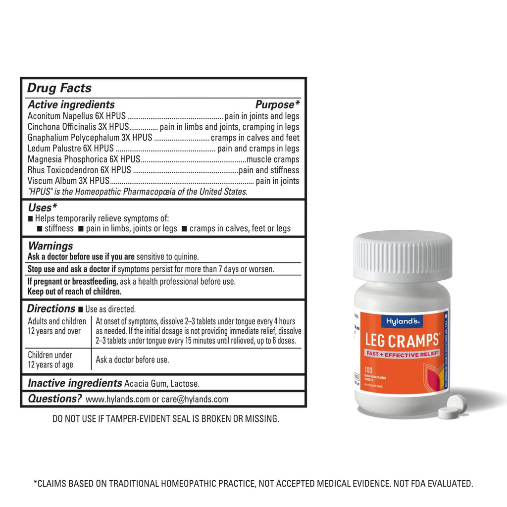 Hyland's Leg Cramps, Relief of Leg, Calf, Charley Horses, and Foot Cramps, 100 Quick-Dissolving Tablets - TrustMedUSA